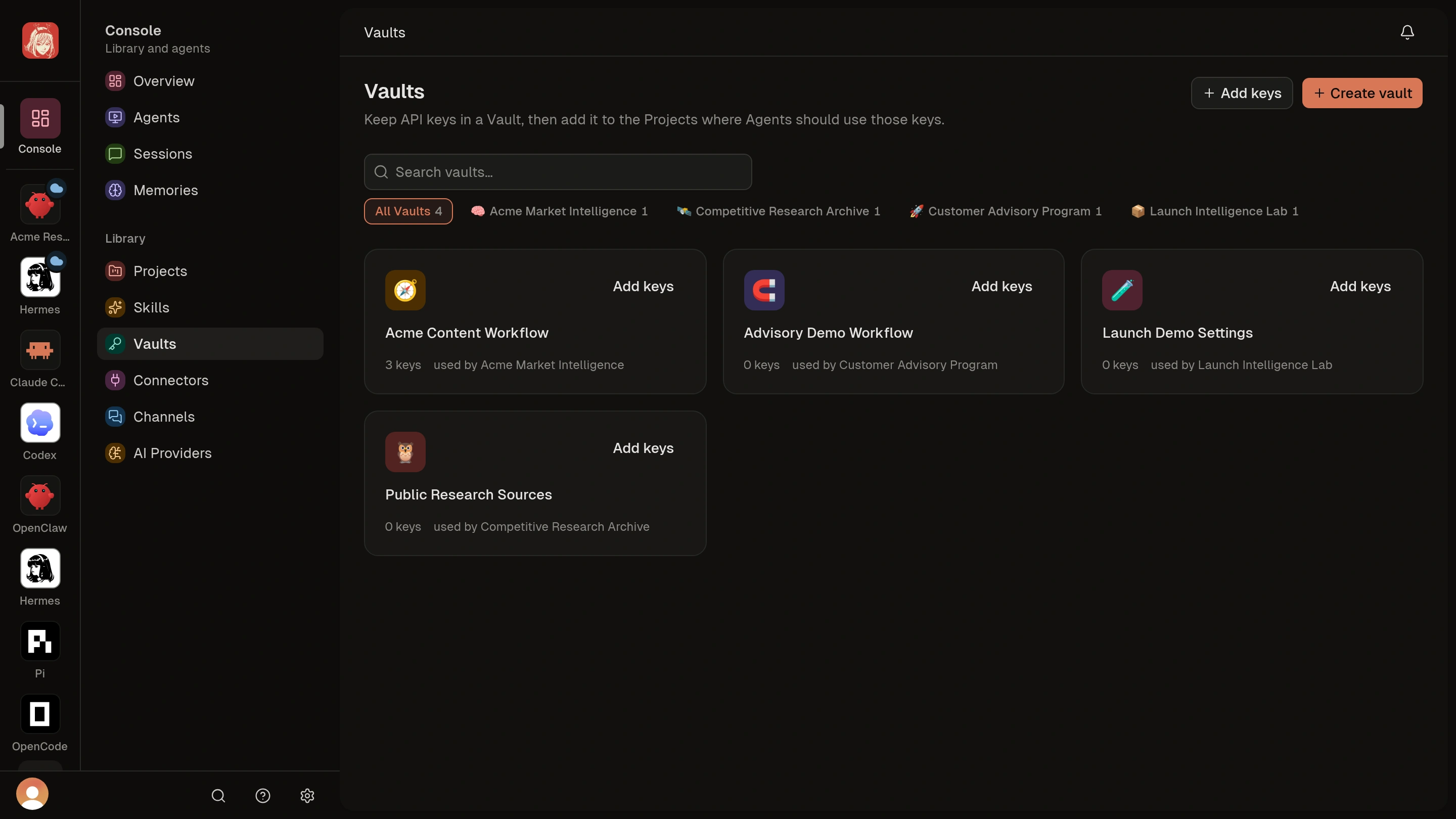 Project Vaults tab separating attached Vaults from available Vaults.