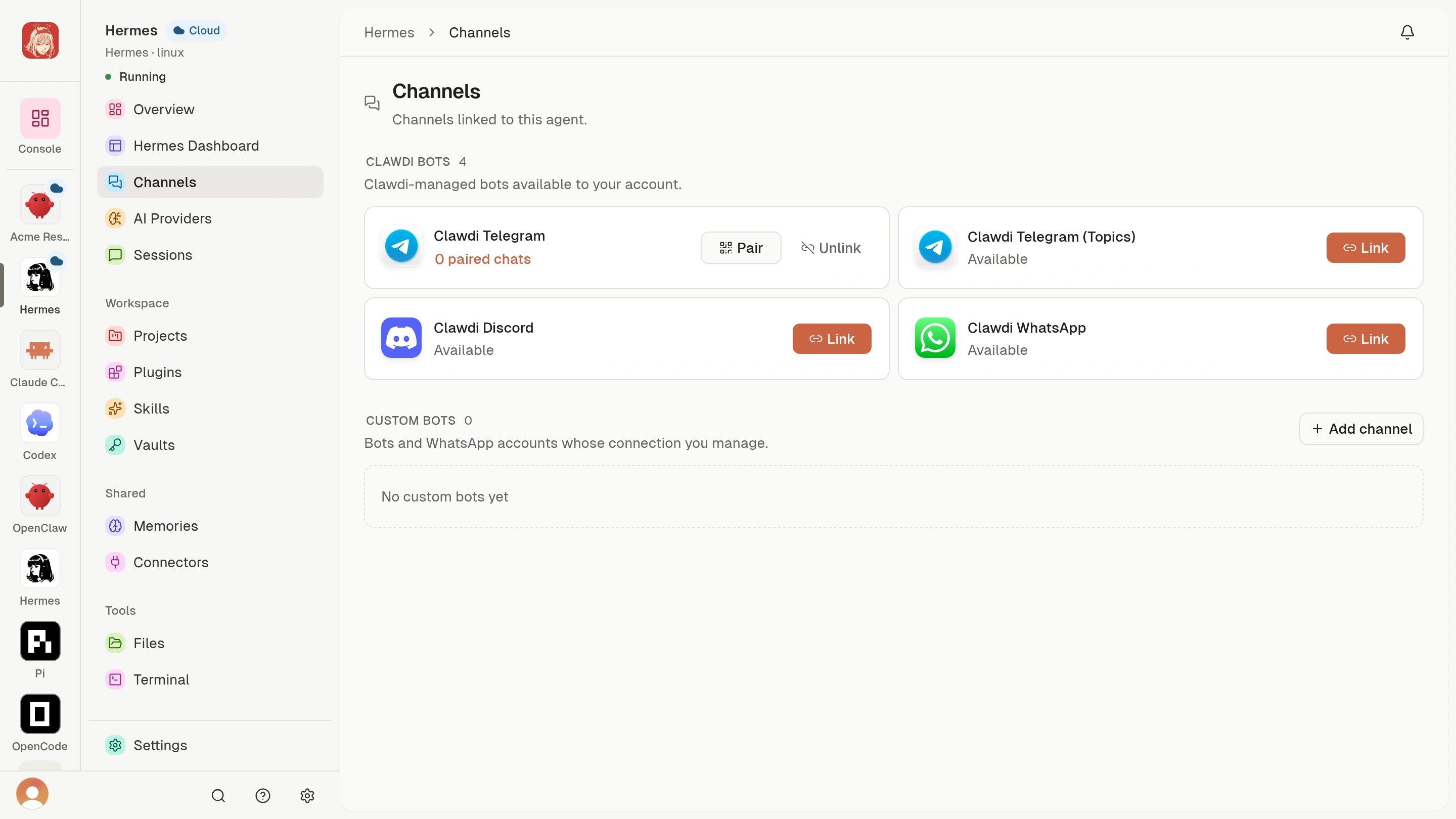 Agent Channels with Clawdi Telegram linked, zero paired chats, and Pair and Unlink actions.