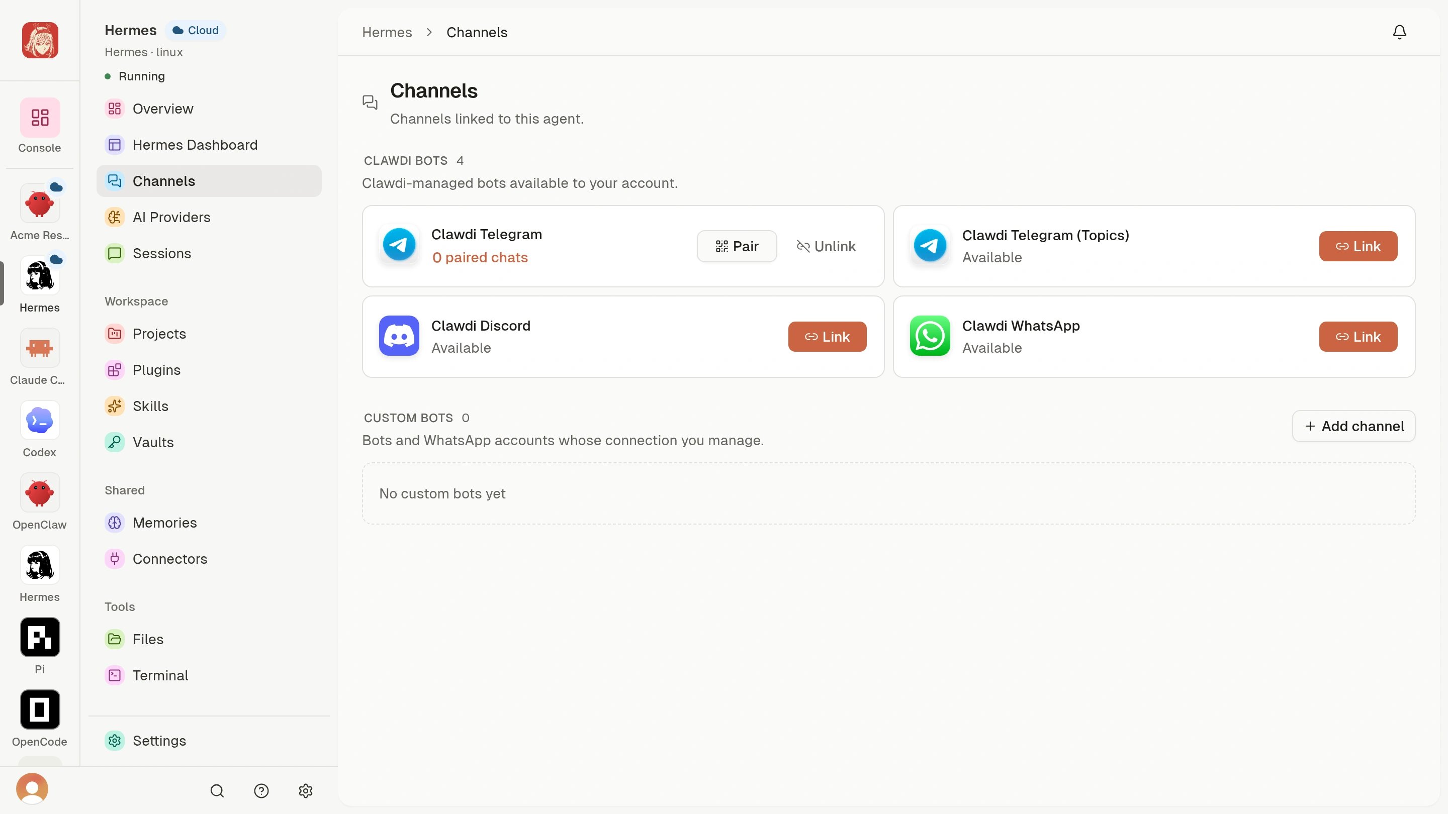 Agent Channels with Clawdi Telegram linked, zero paired chats, and Pair and Unlink actions.
