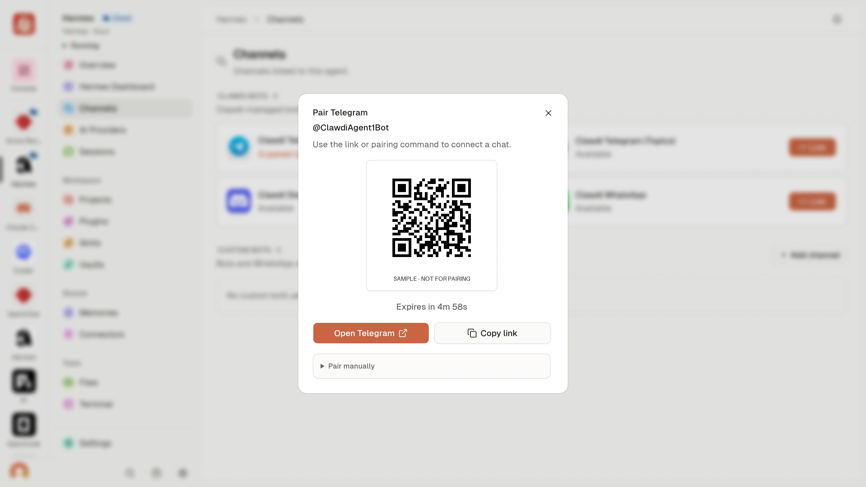Pair Telegram sample dialog labeled SAMPLE — NOT FOR PAIRING, with pairing data redacted and a demonstration QR code.