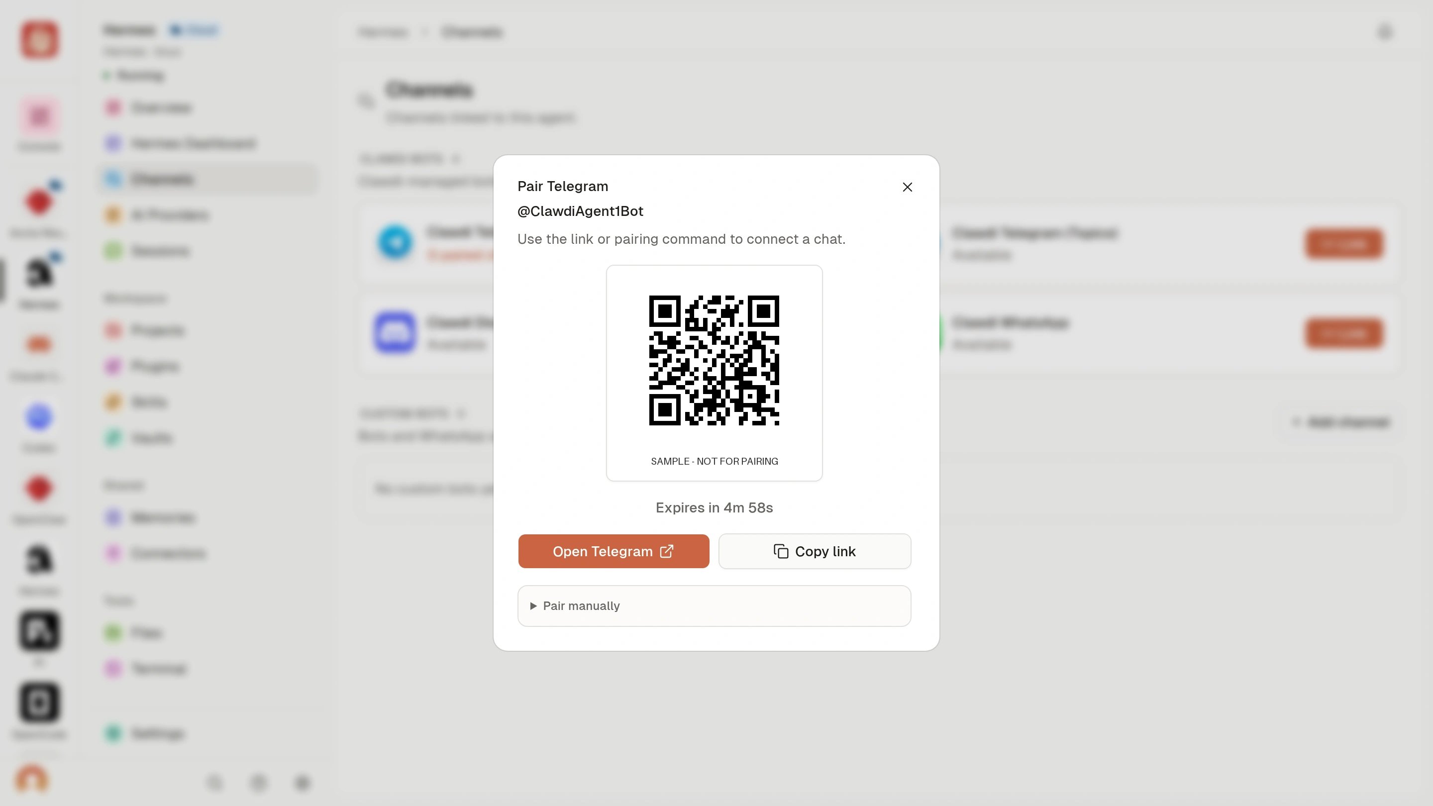Pair Telegram sample dialog labeled SAMPLE — NOT FOR PAIRING, with pairing data redacted and a demonstration QR code.