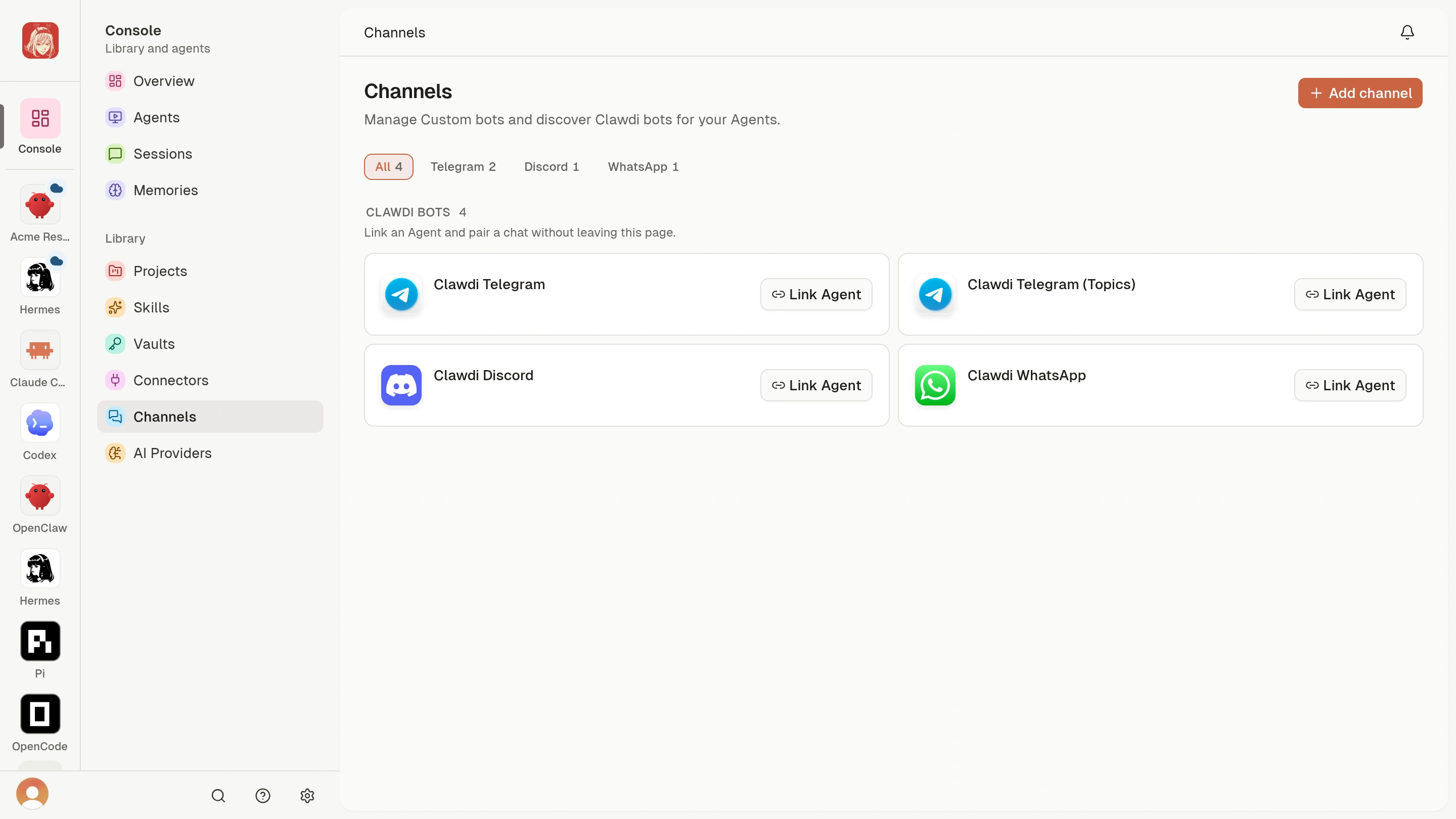 Channels catalog with Clawdi Telegram, Telegram Topics, Discord, and WhatsApp Link Agent actions.