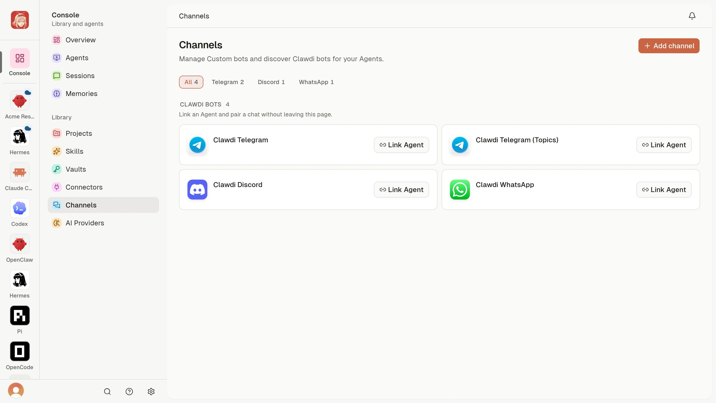 Channels catalog with Clawdi Telegram, Telegram Topics, Discord, and WhatsApp Link Agent actions.