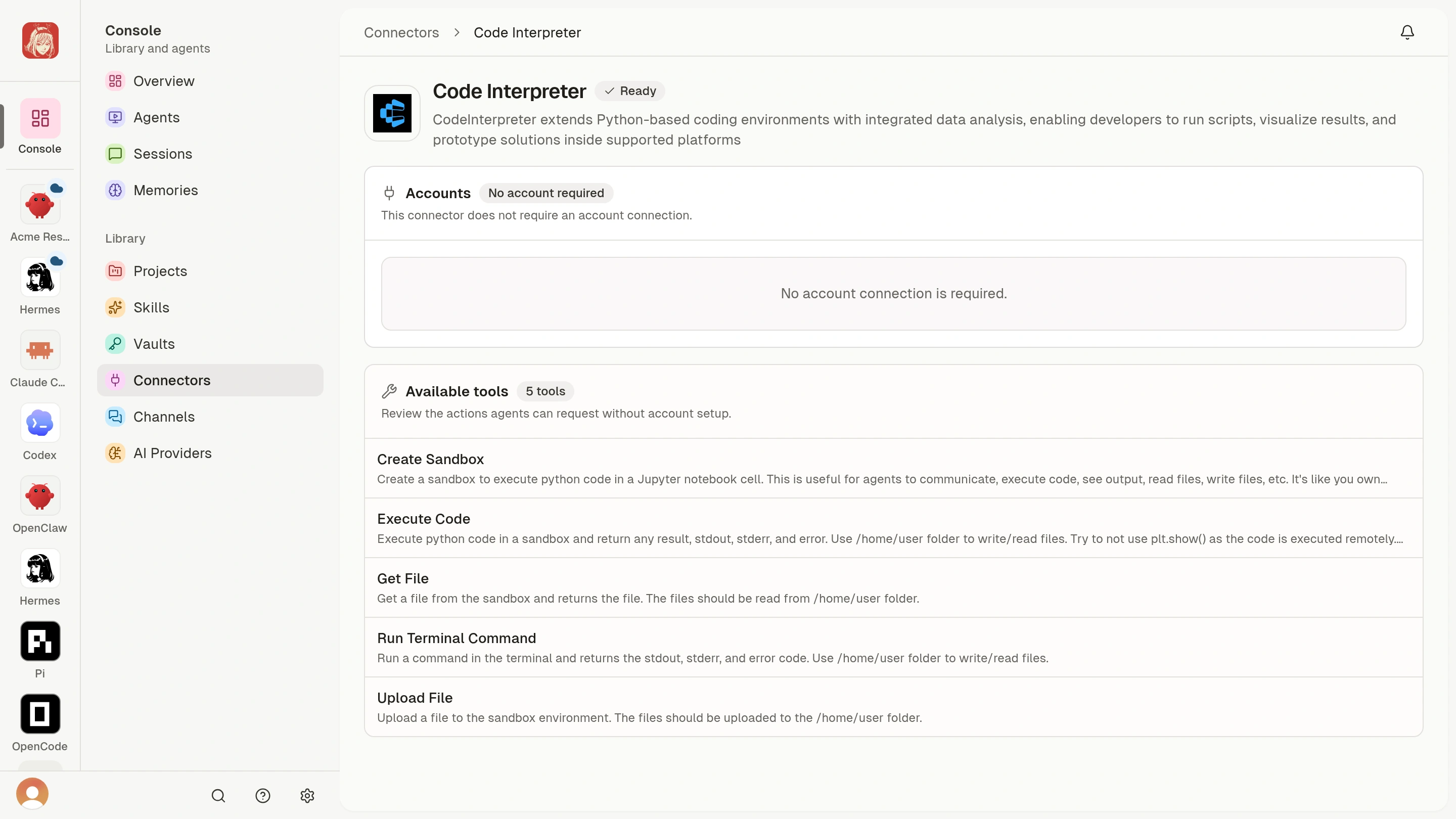Code Interpreter ready with five tools and no account connection required