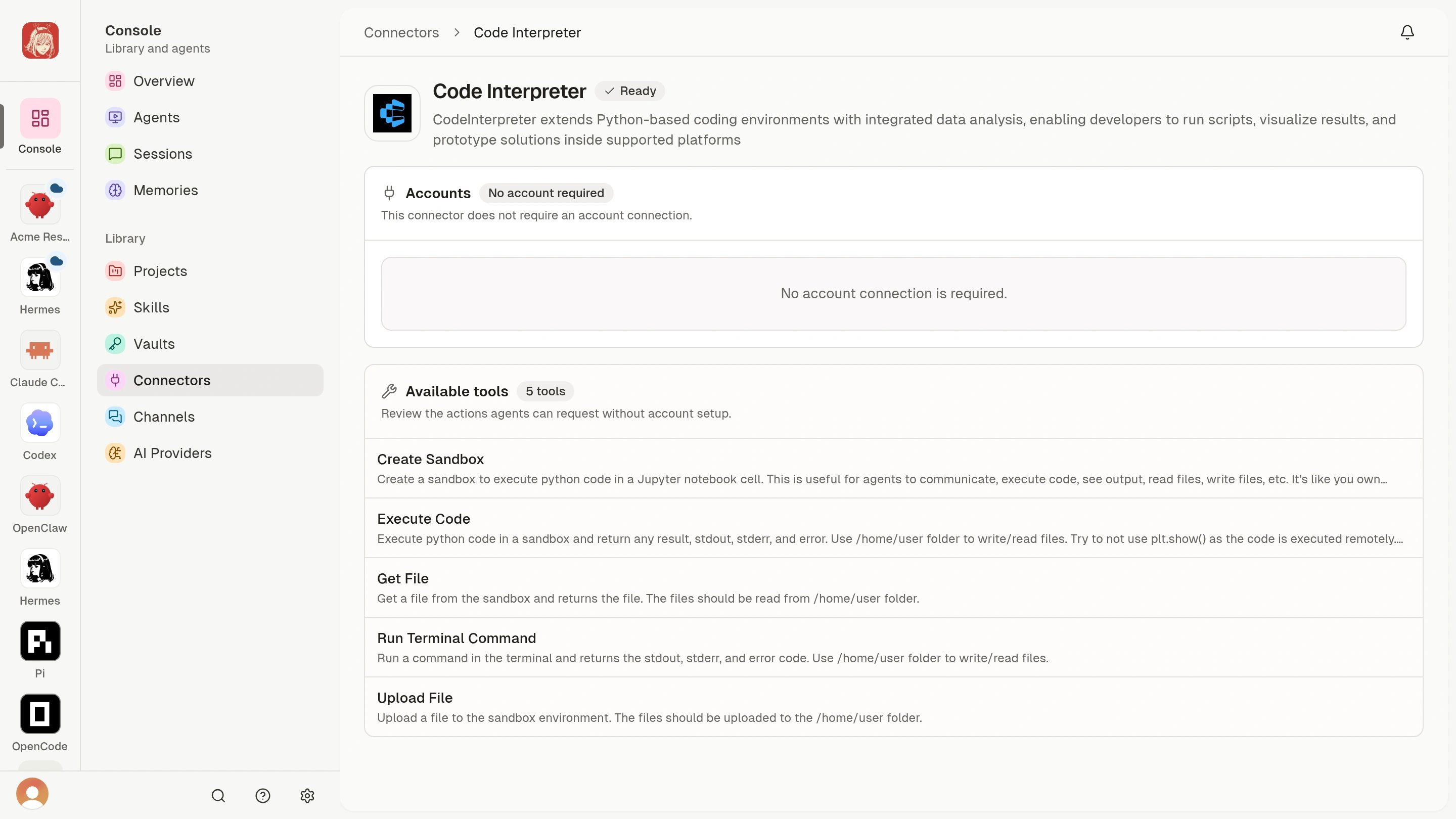 Code Interpreter ready with five tools and no account connection required