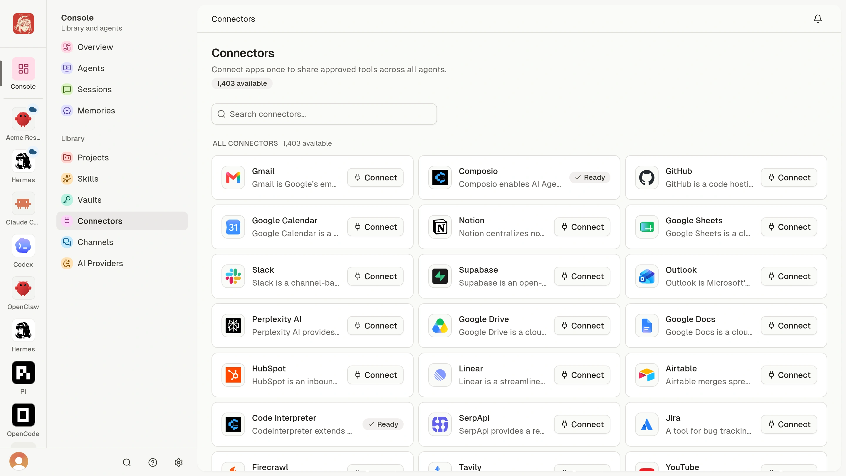 Shared Connectors catalog with Connect actions and Ready toolkits.