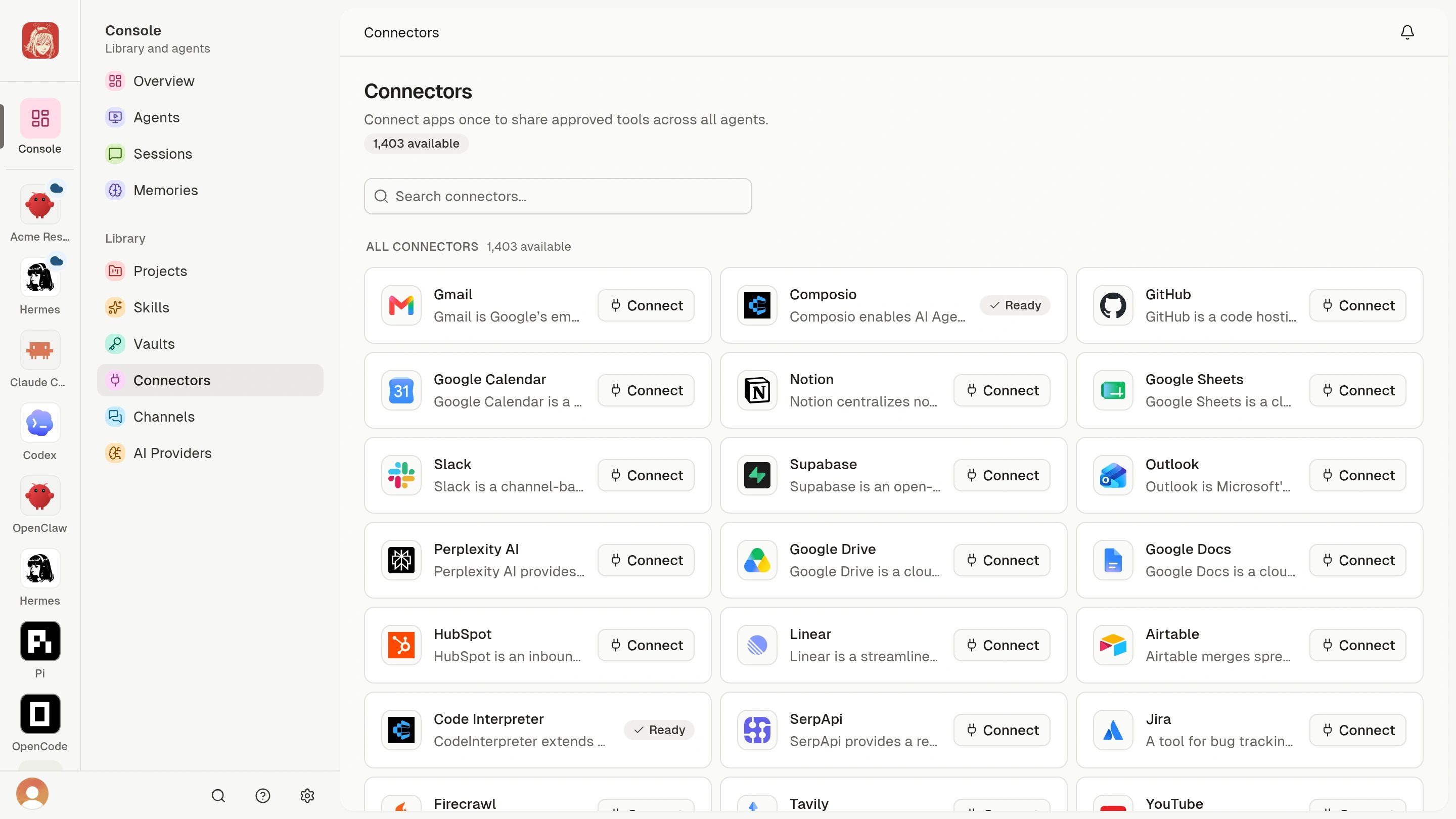Shared Connectors catalog with Connect actions and Ready toolkits.