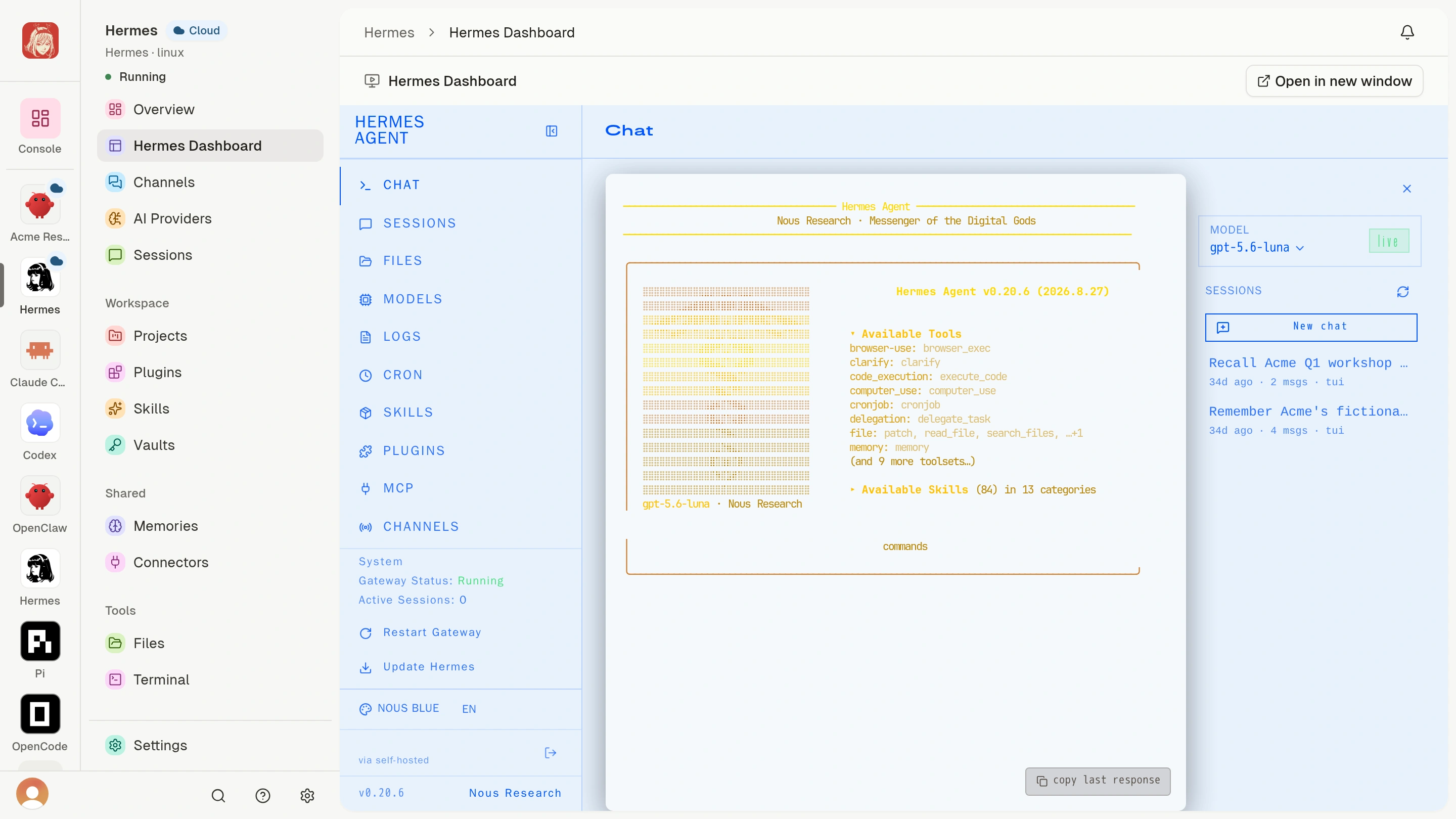 Hermes Dashboard inside Clawdi with rendered terminal startup content, available tools, and New chat control.
