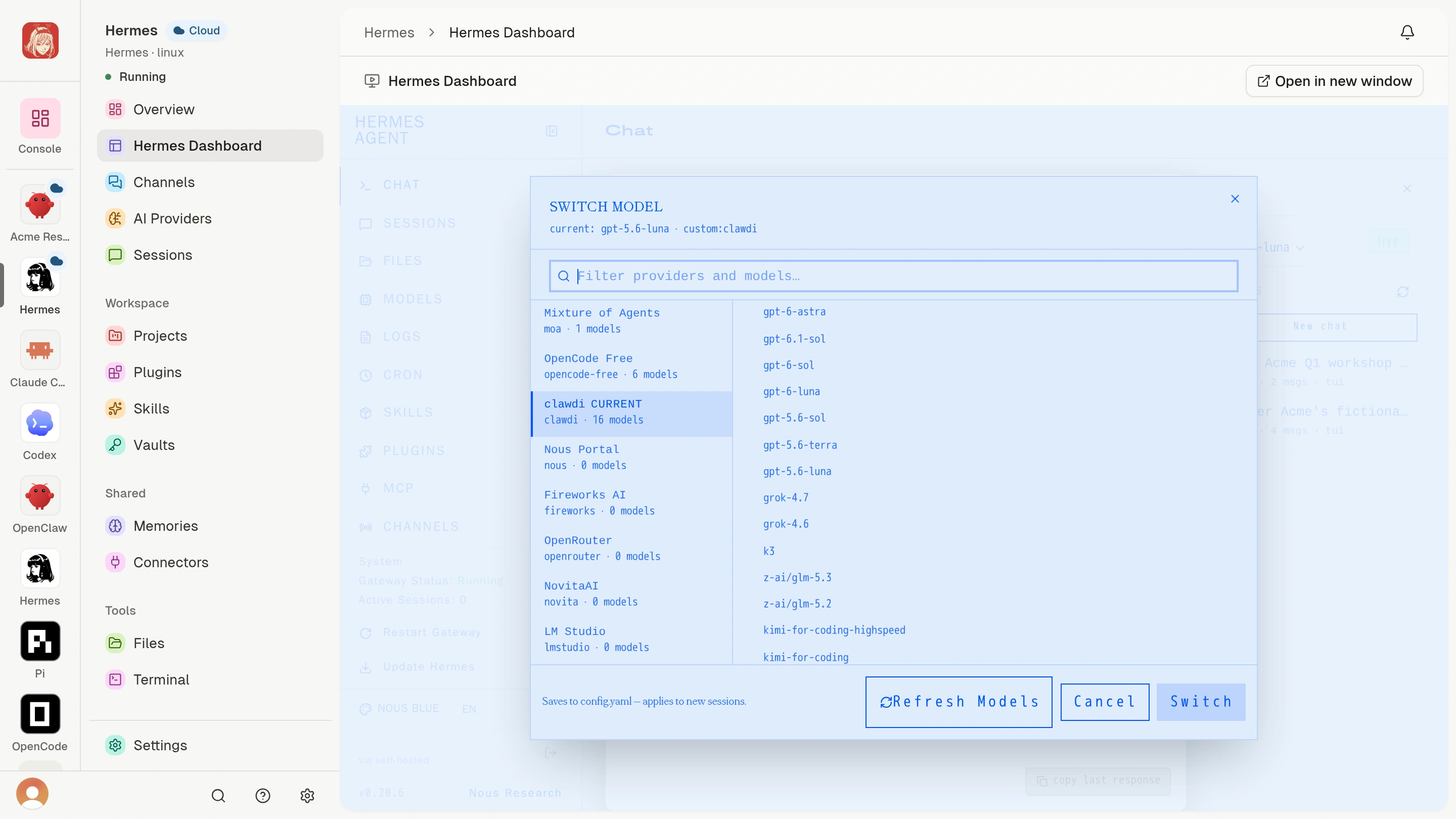 Hermes model picker inside Clawdi with the loaded Clawdi model catalog and selectable model rows.