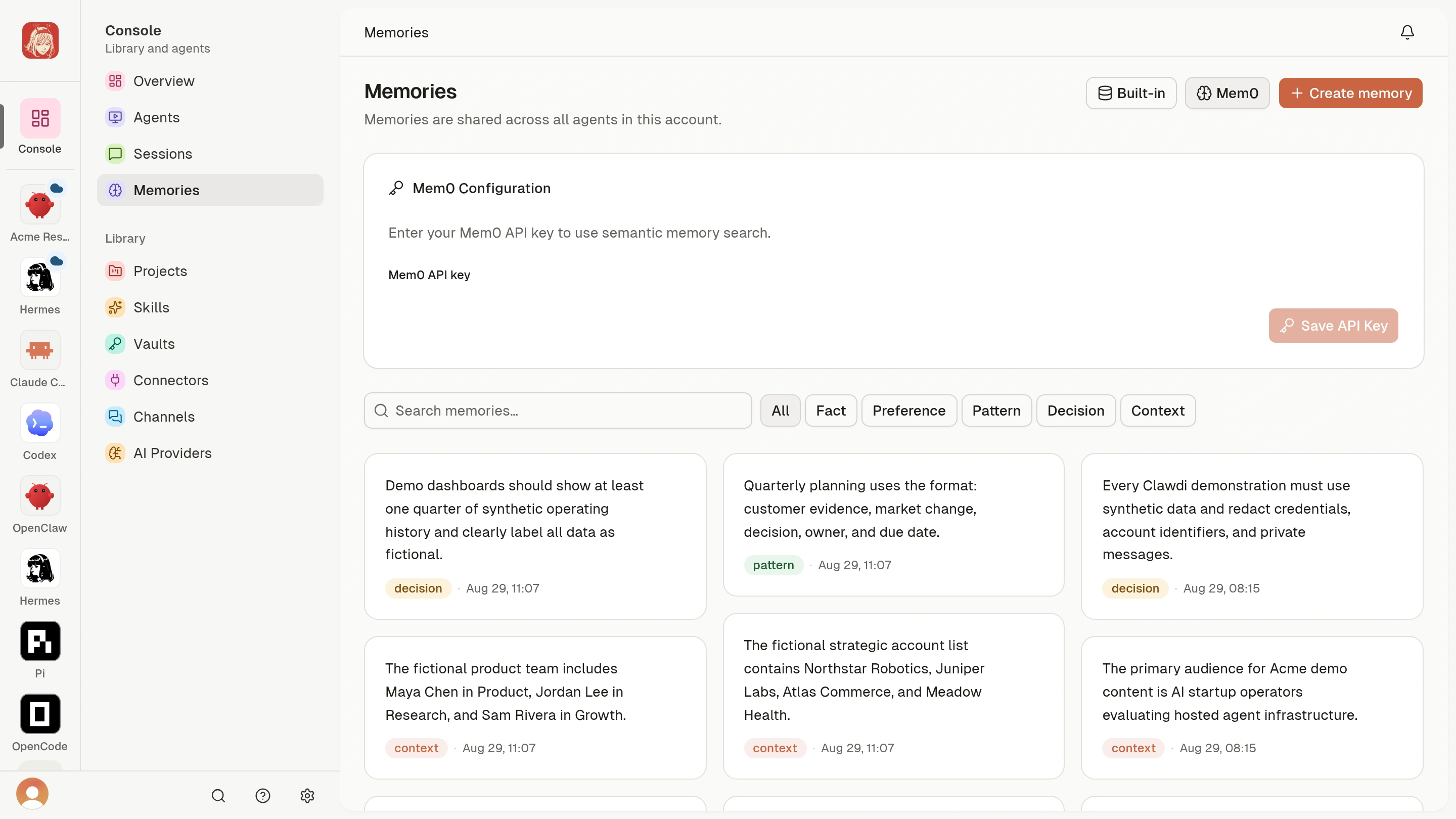 Agent Memories with Create memory, search, categories, and synthetic saved context.