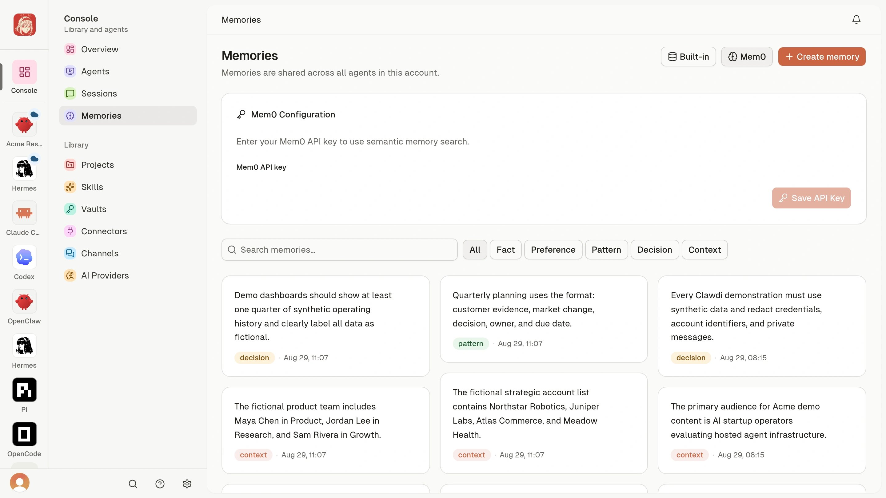Agent Memories with Create memory, search, categories, and synthetic saved context.