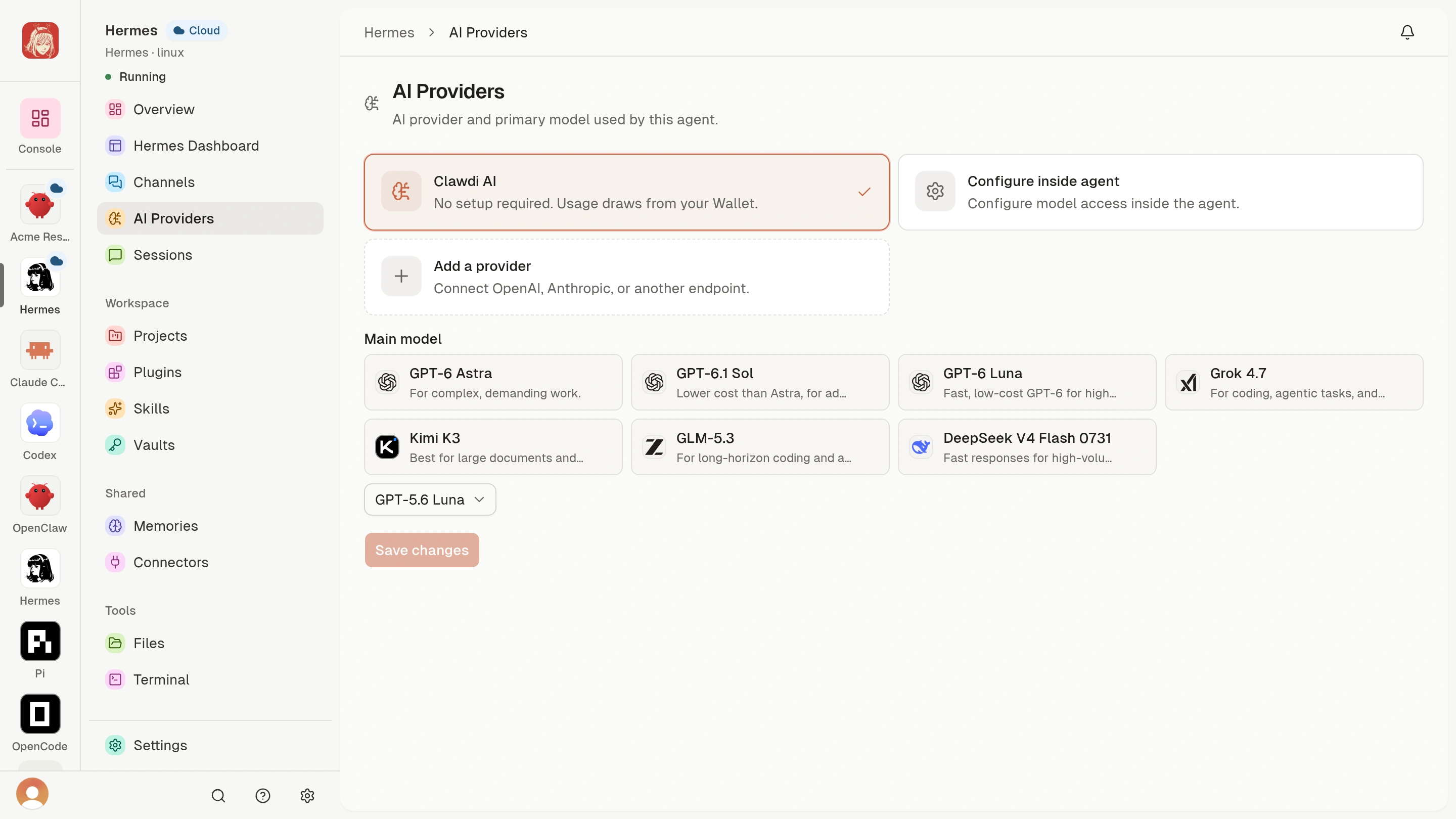 Cloud Agent AI Providers with Clawdi AI, Configure inside agent, and Add a provider.