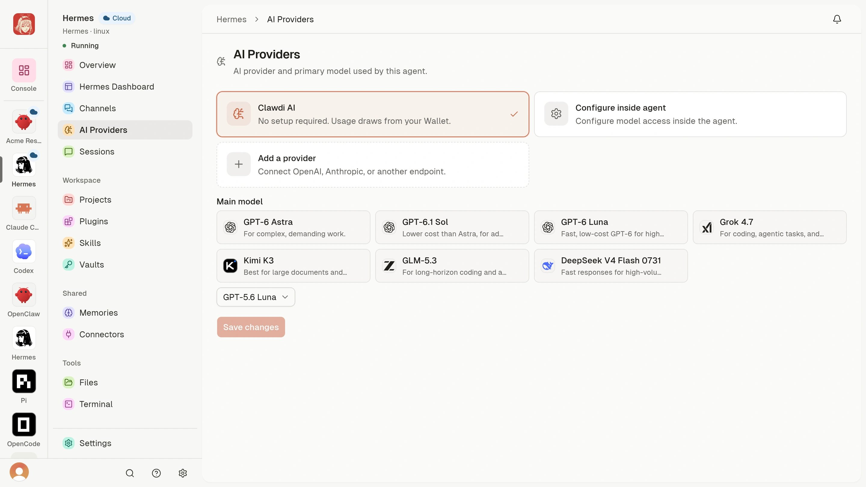 Cloud Agent AI Providers with Clawdi AI, Configure inside agent, and Add a provider.