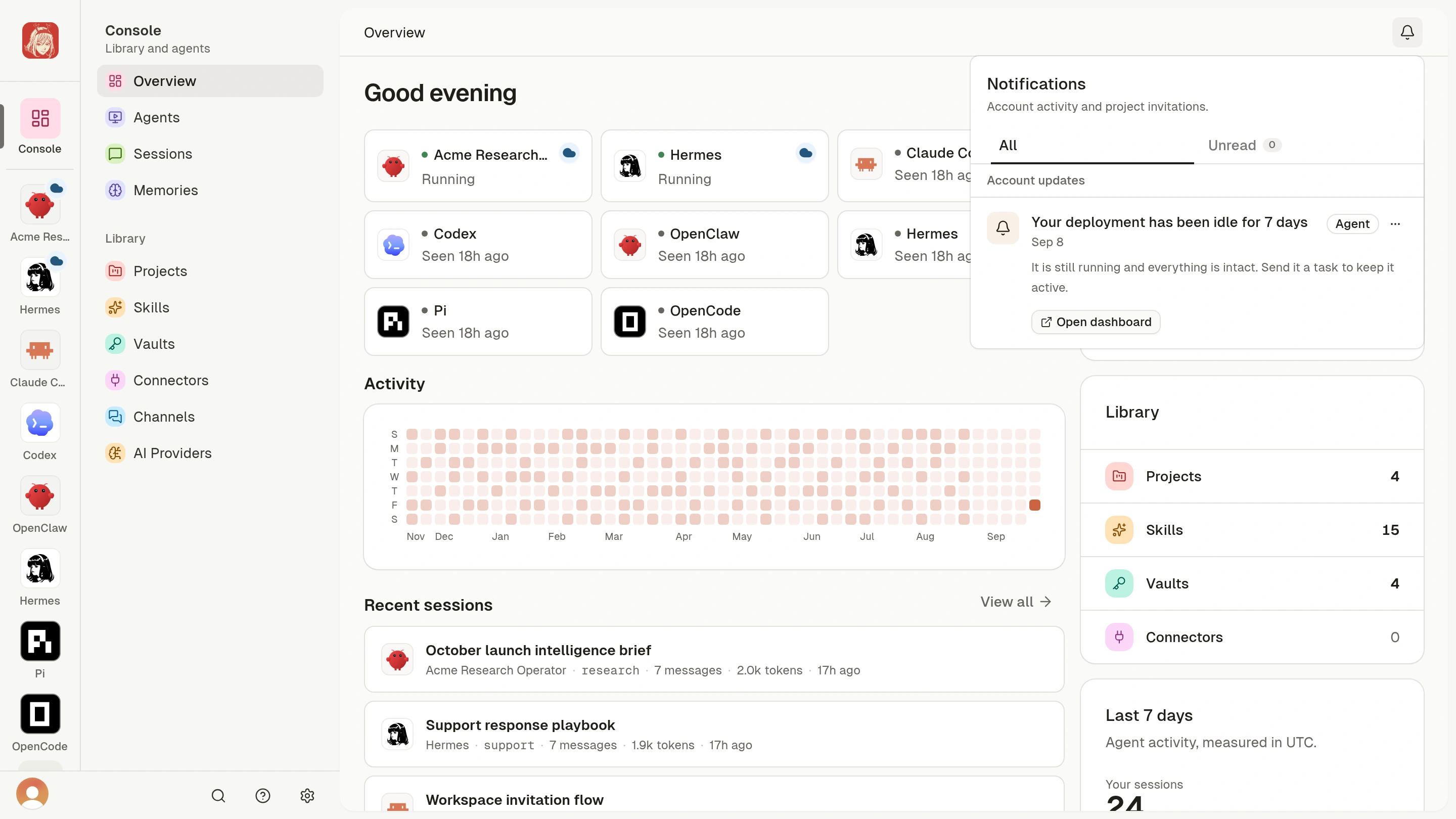 Notification Center with an Agent activity reminder.