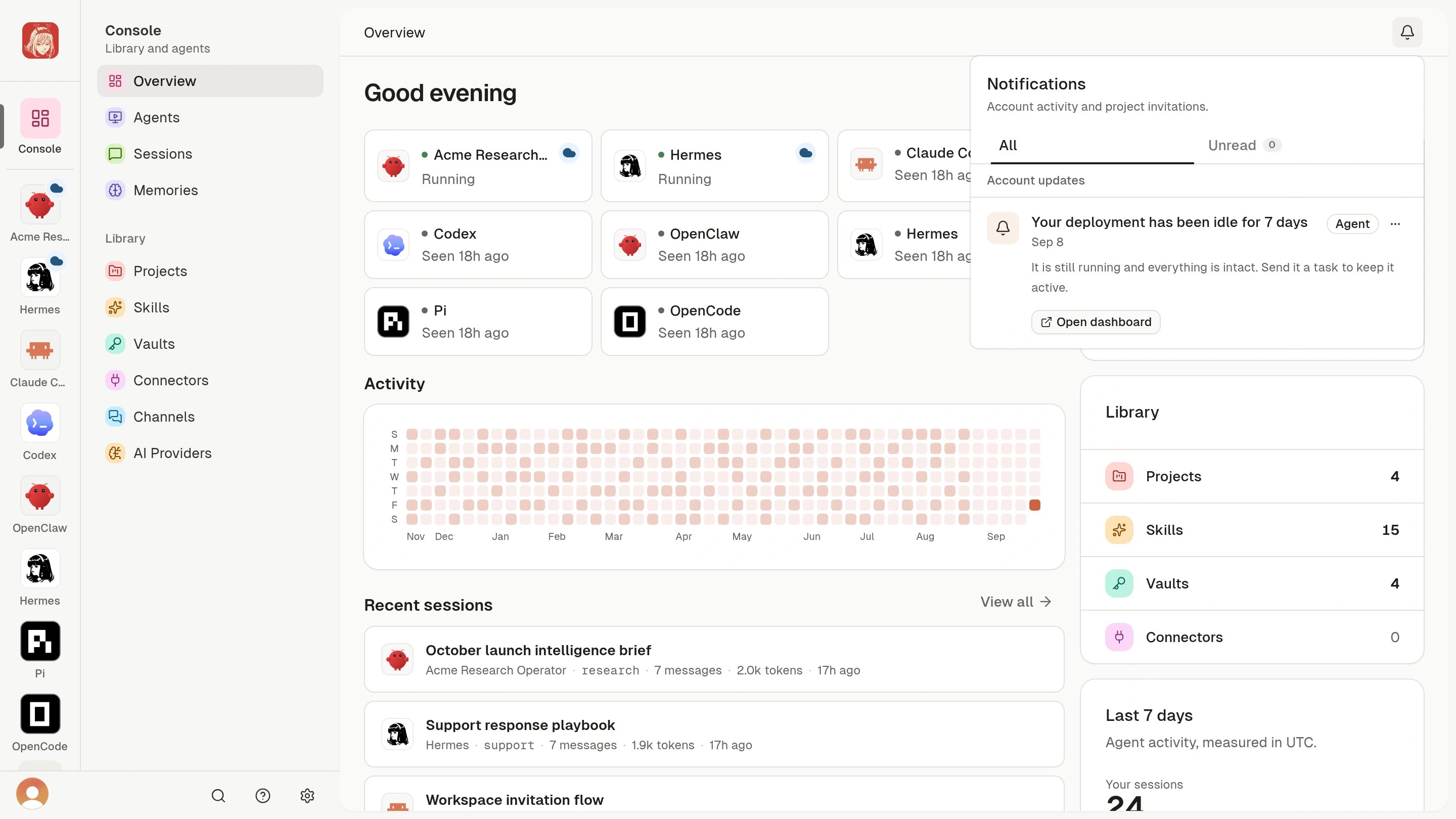 Notification Center with an Agent activity reminder.