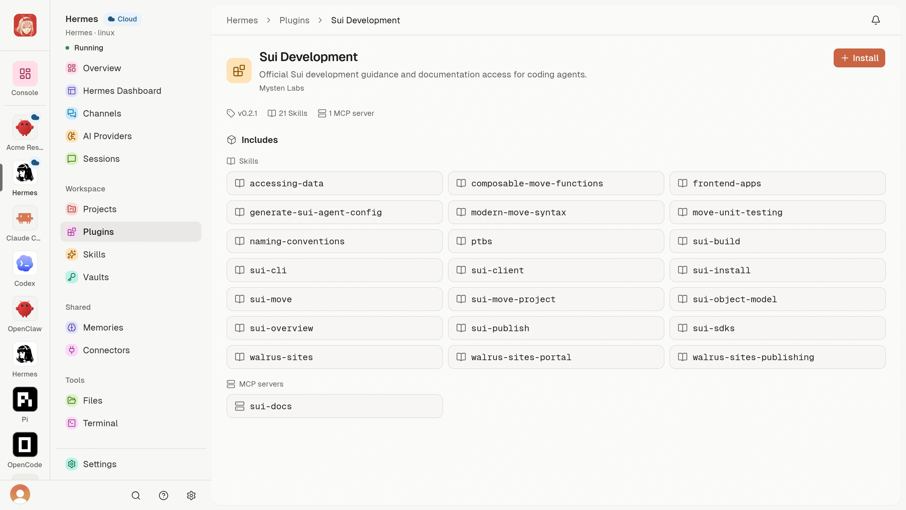 Sui Development Plugin details with publisher, version, included Skills, MCP server, and Install action.