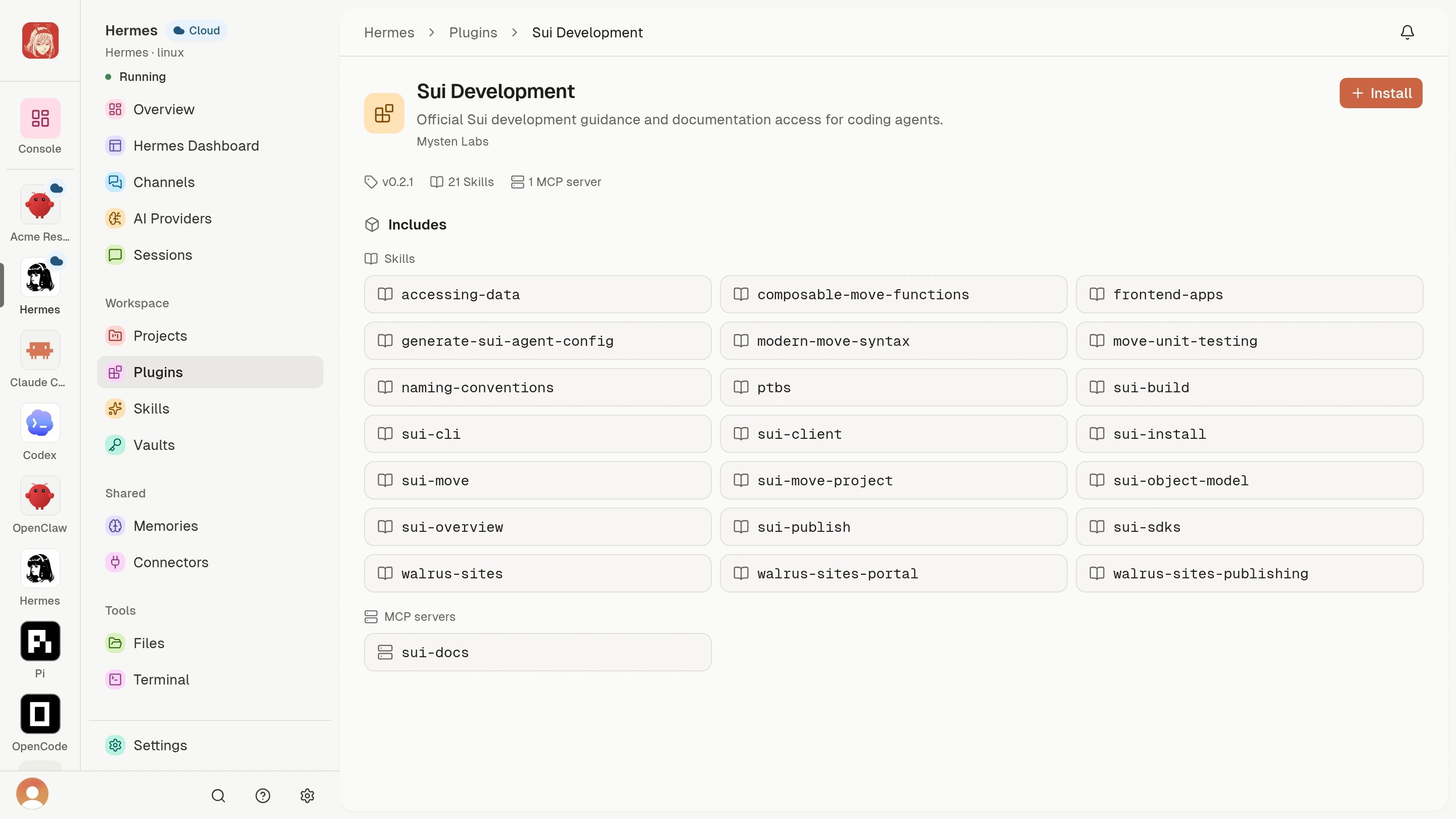 Sui Development Plugin details with publisher, version, included Skills, MCP server, and Install action.