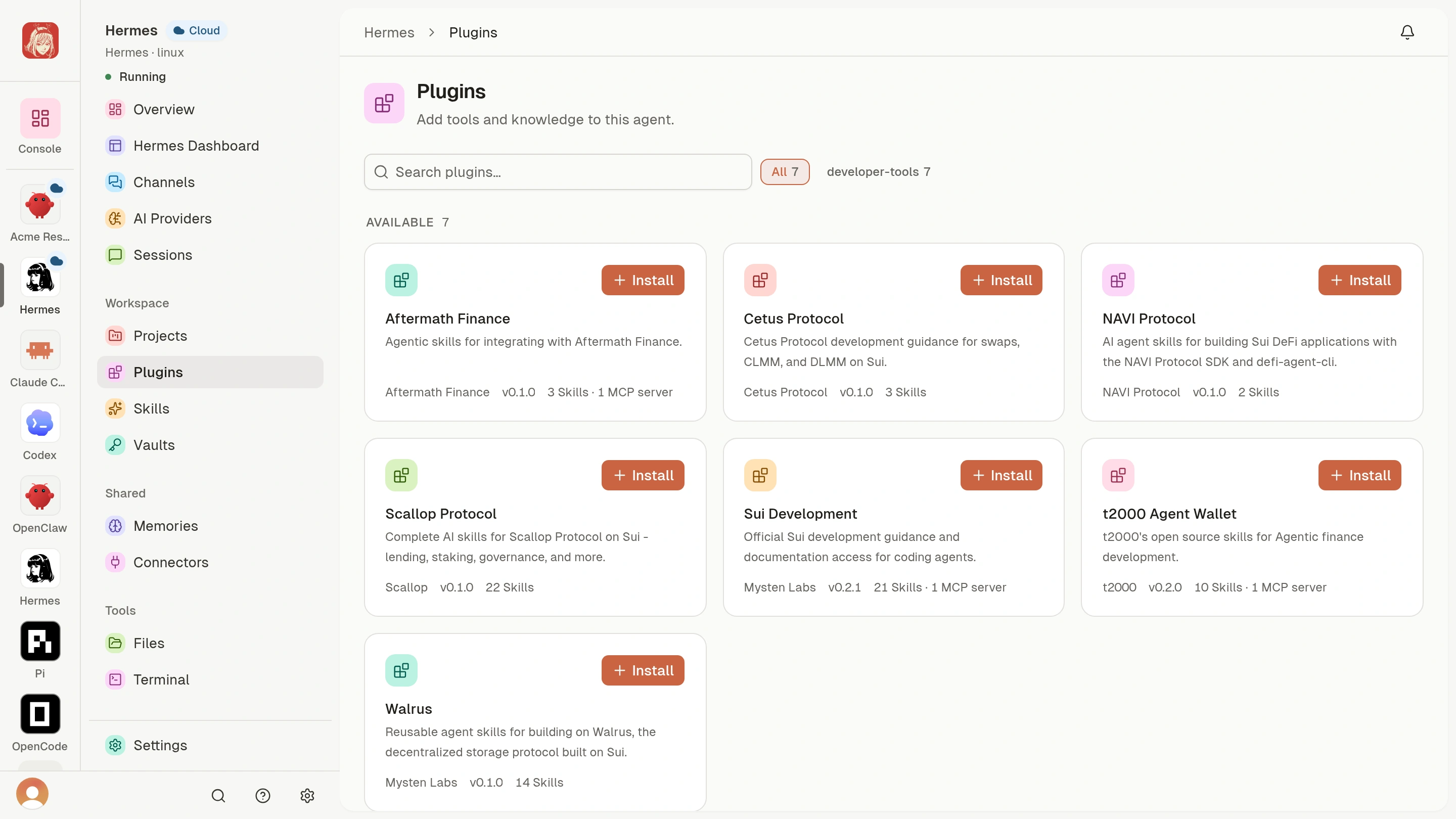 Cloud Agent Plugins catalog with package descriptions and Install actions.