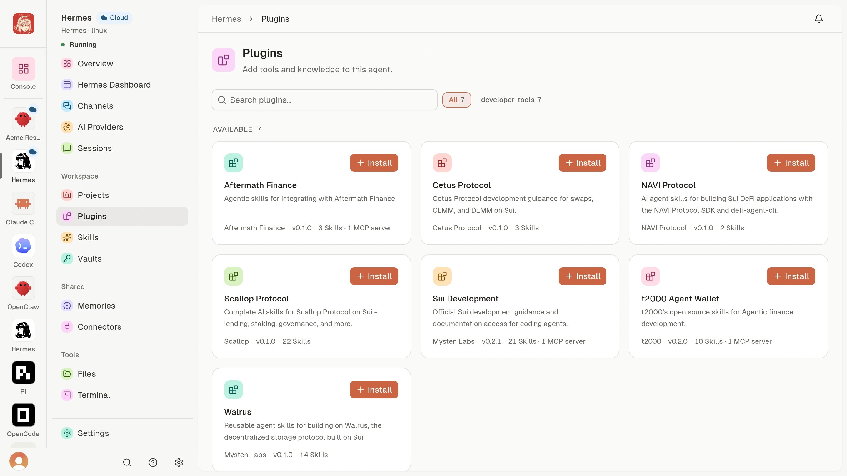 Cloud Agent Plugins catalog with package descriptions and Install actions.