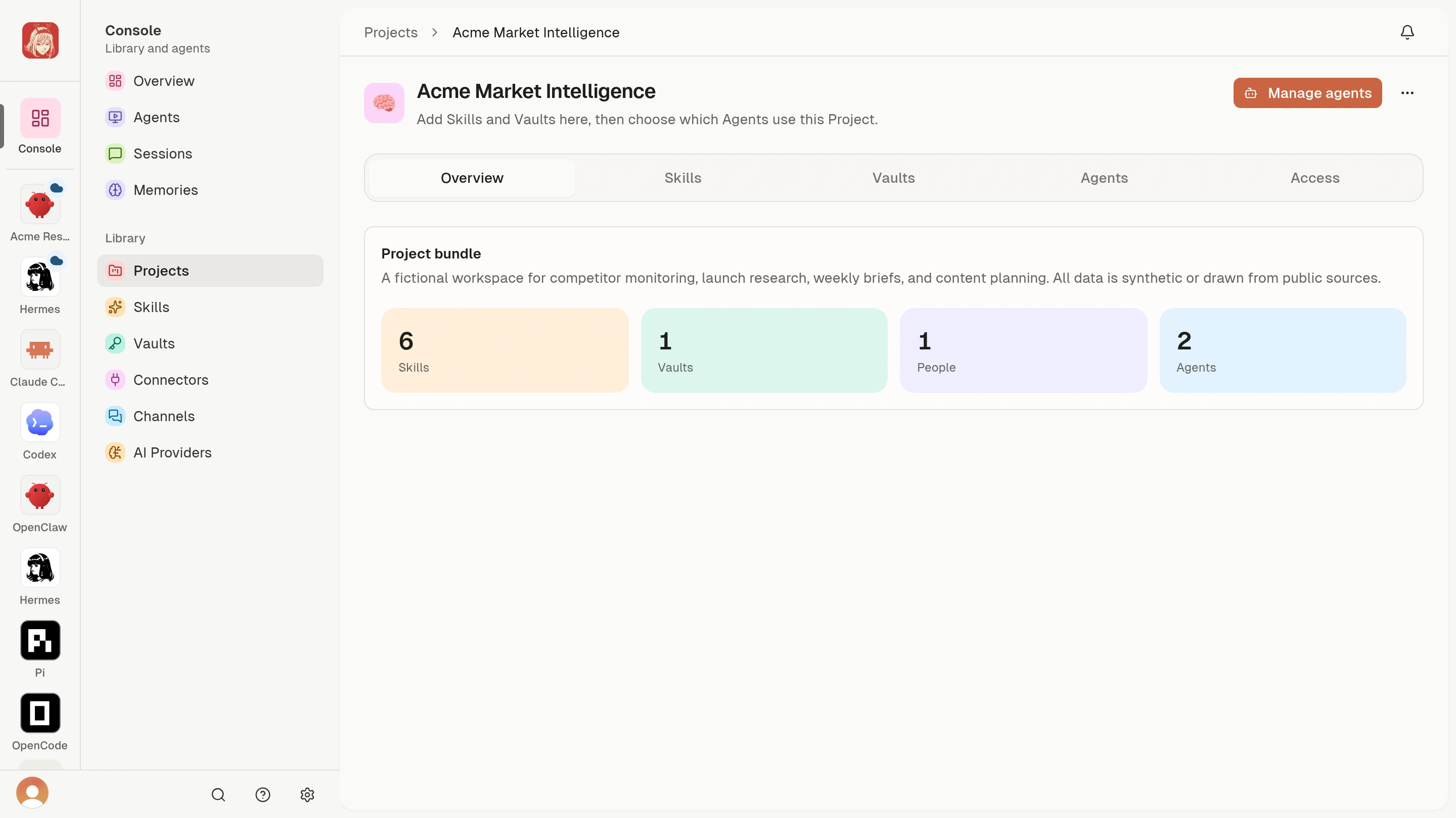 Demo Project overview with Skills, Vaults, Agents, and Access tabs.