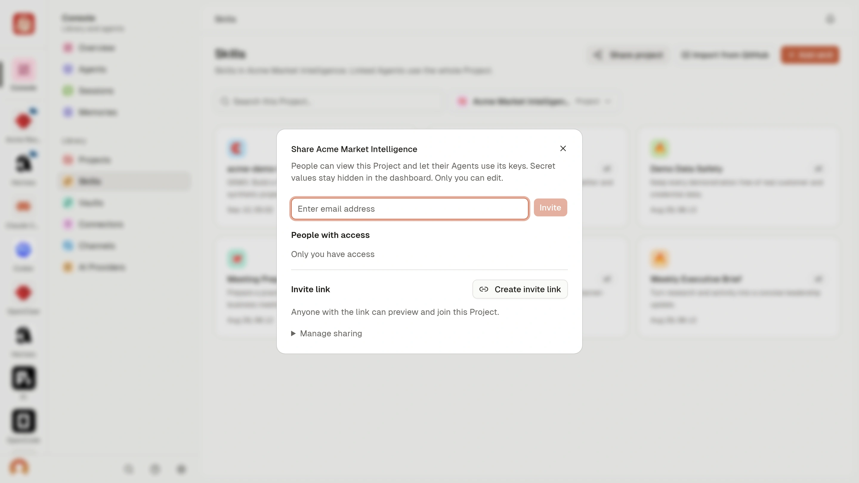 Project sharing dialog with an empty email field, Invite, People with access, and Create invite link.