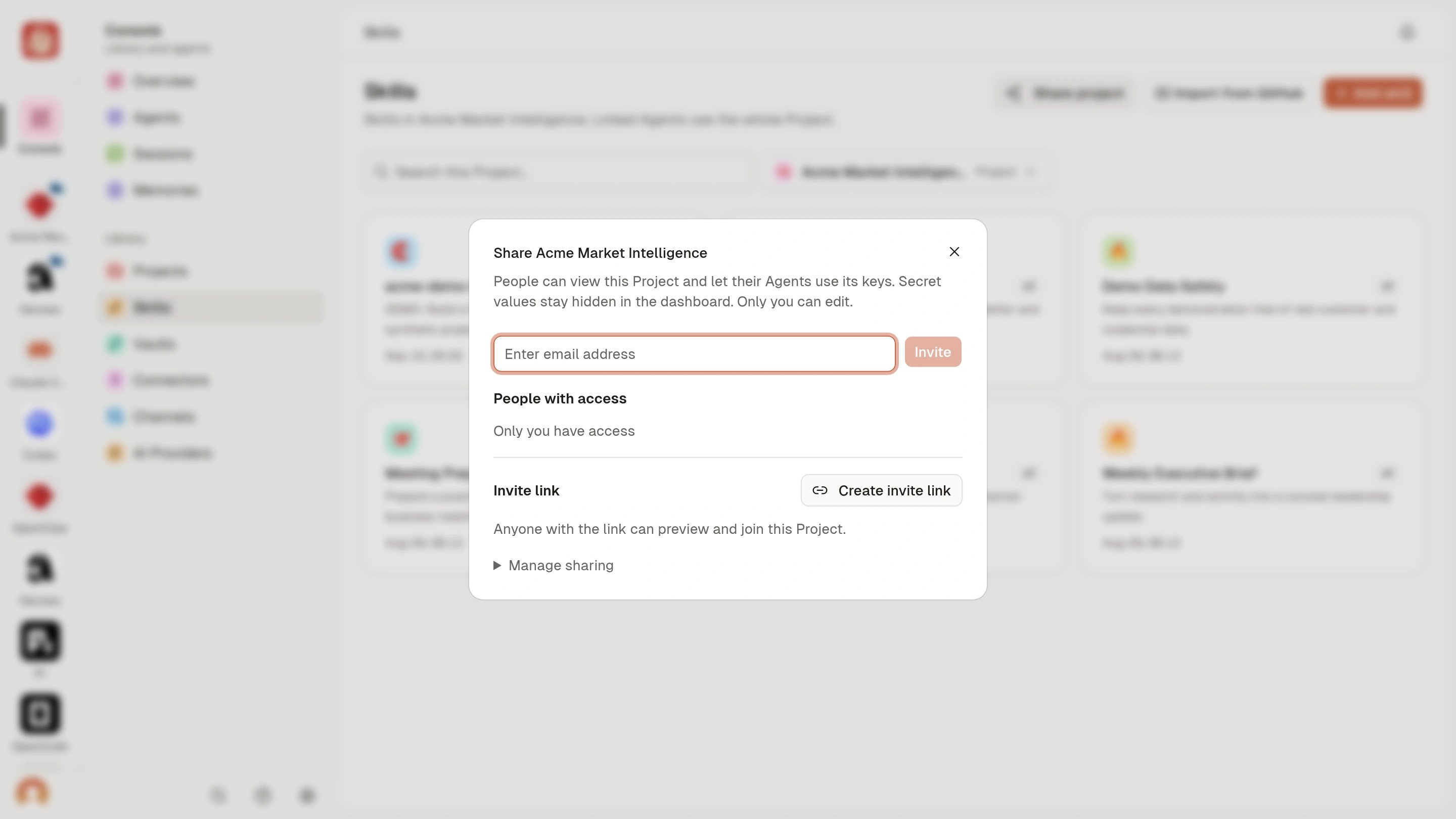 Project sharing dialog with an empty email field, Invite, People with access, and Create invite link.