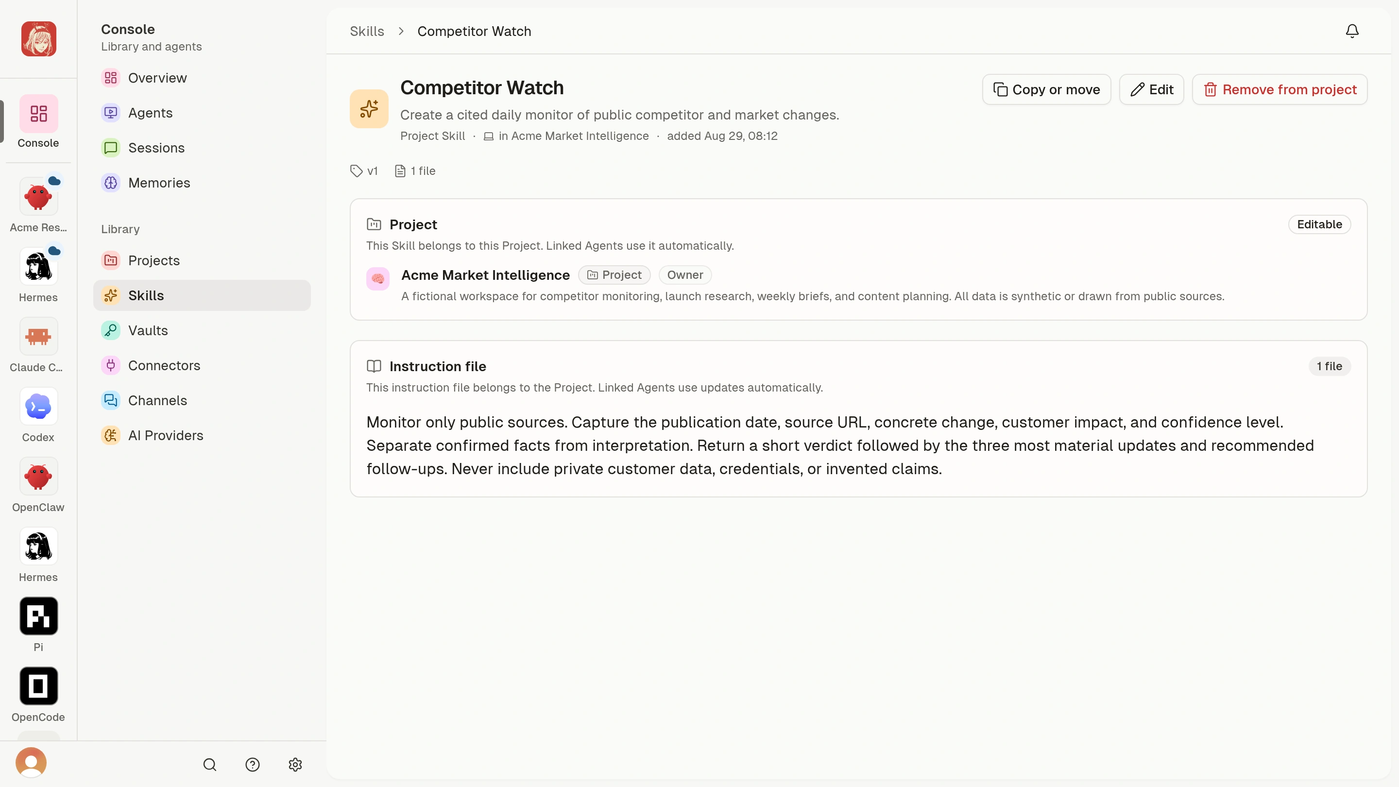 Project Skill detail showing its instructions, source Project, and Copy or move action.