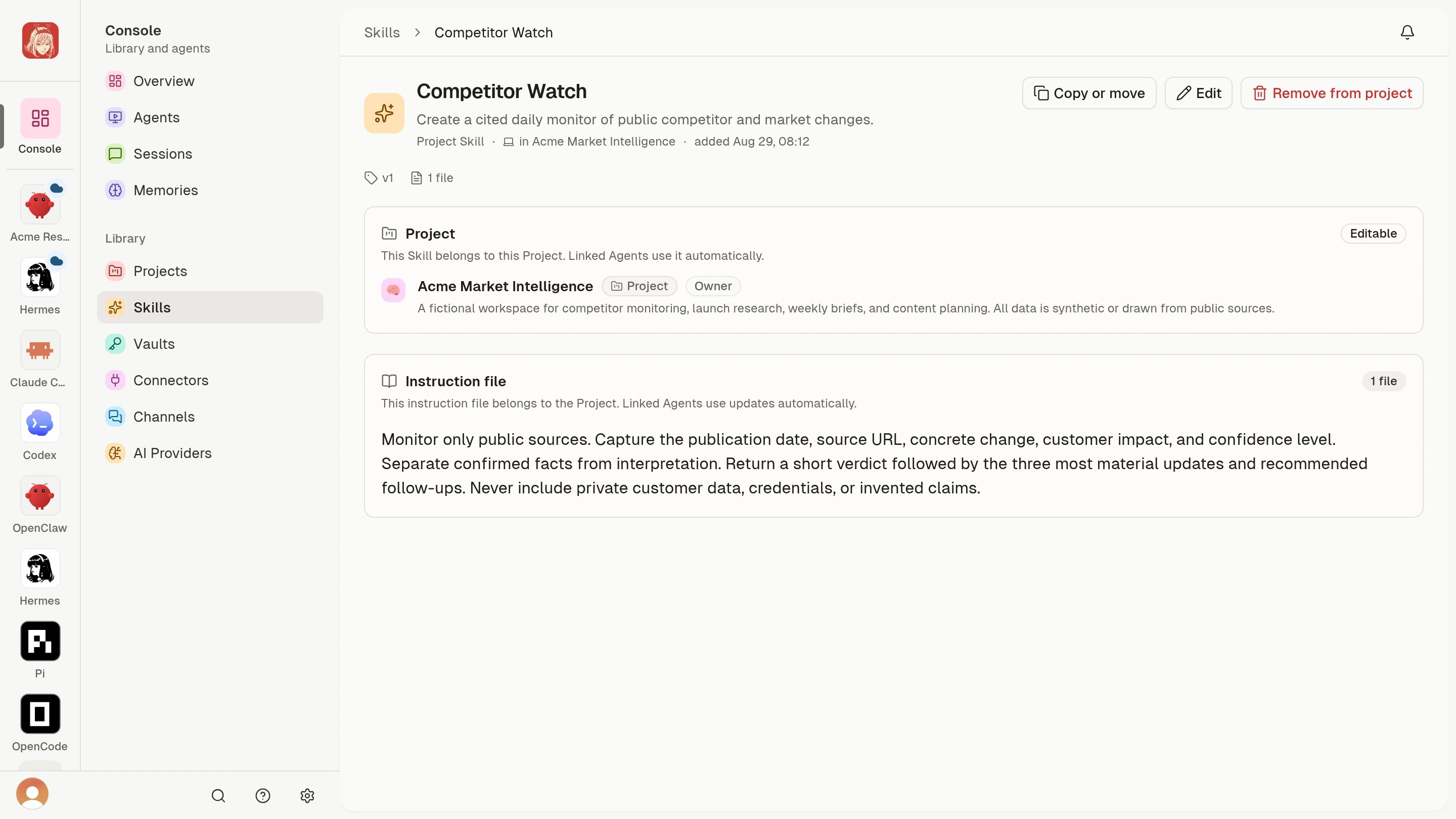 Project Skill detail showing its instructions, source Project, and Copy or move action.