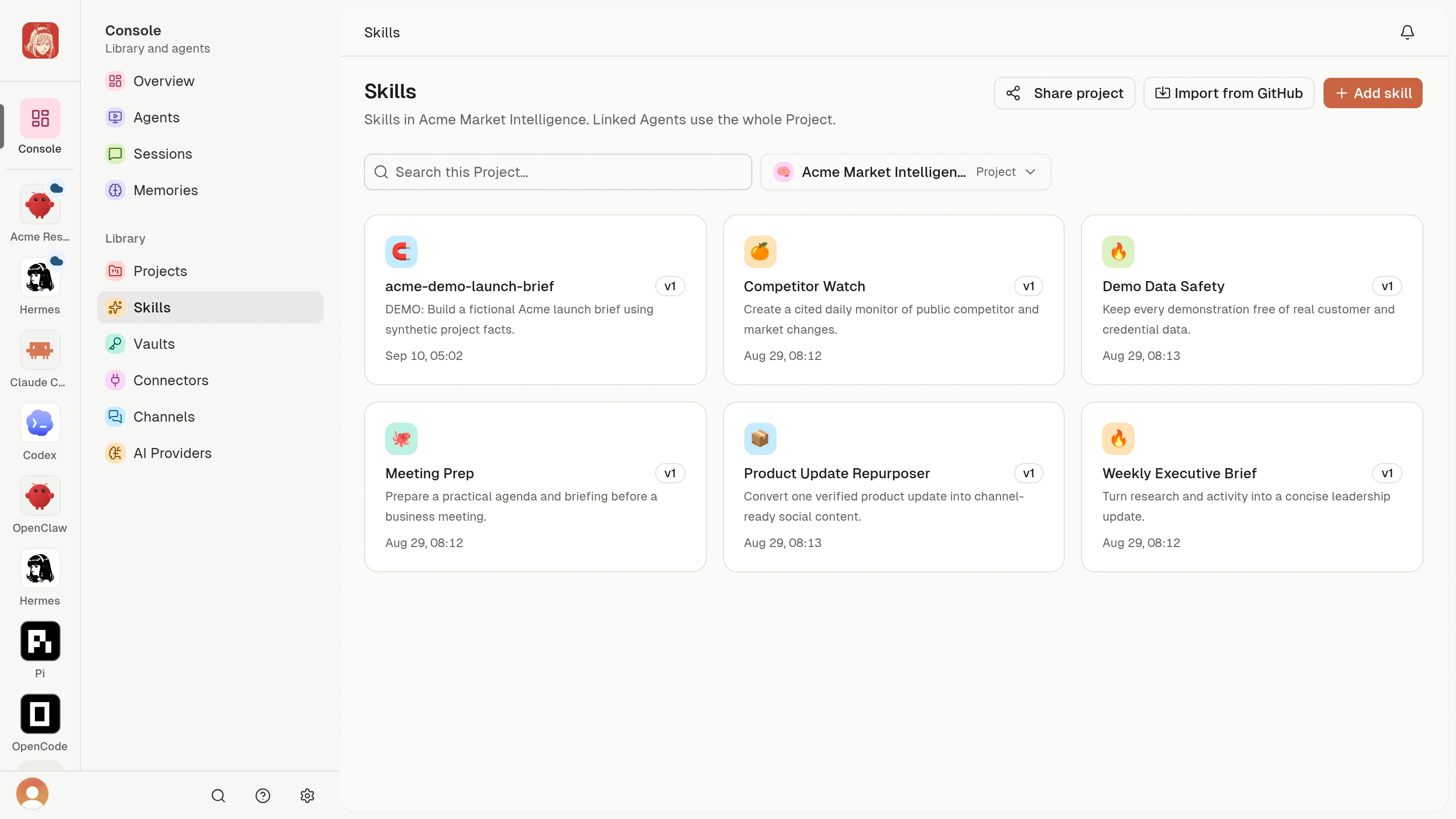 Project Skills tab with reusable demo instructions and the Add skill action.