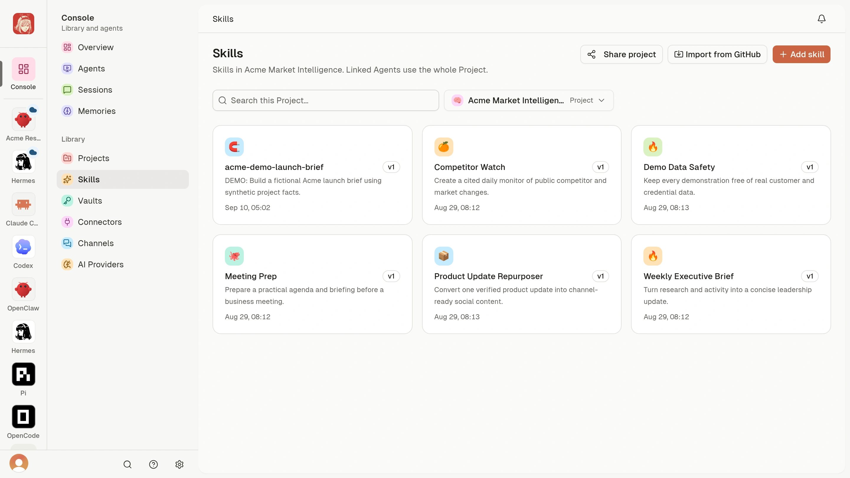 Project Skills tab with reusable demo instructions and the Add skill action.