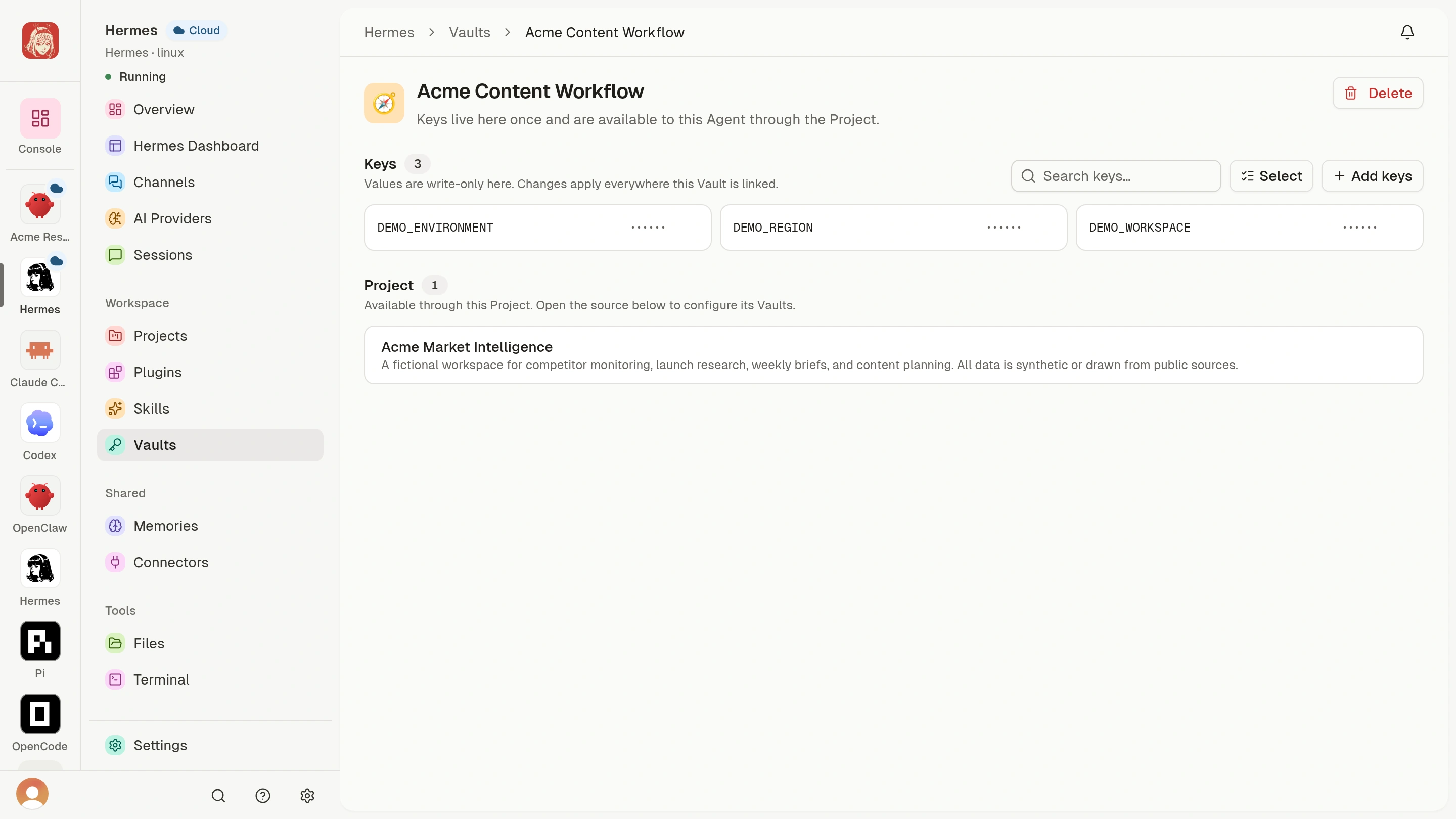 Demo Vault with DEMO_ENVIRONMENT, DEMO_REGION, and DEMO_WORKSPACE and masked values.