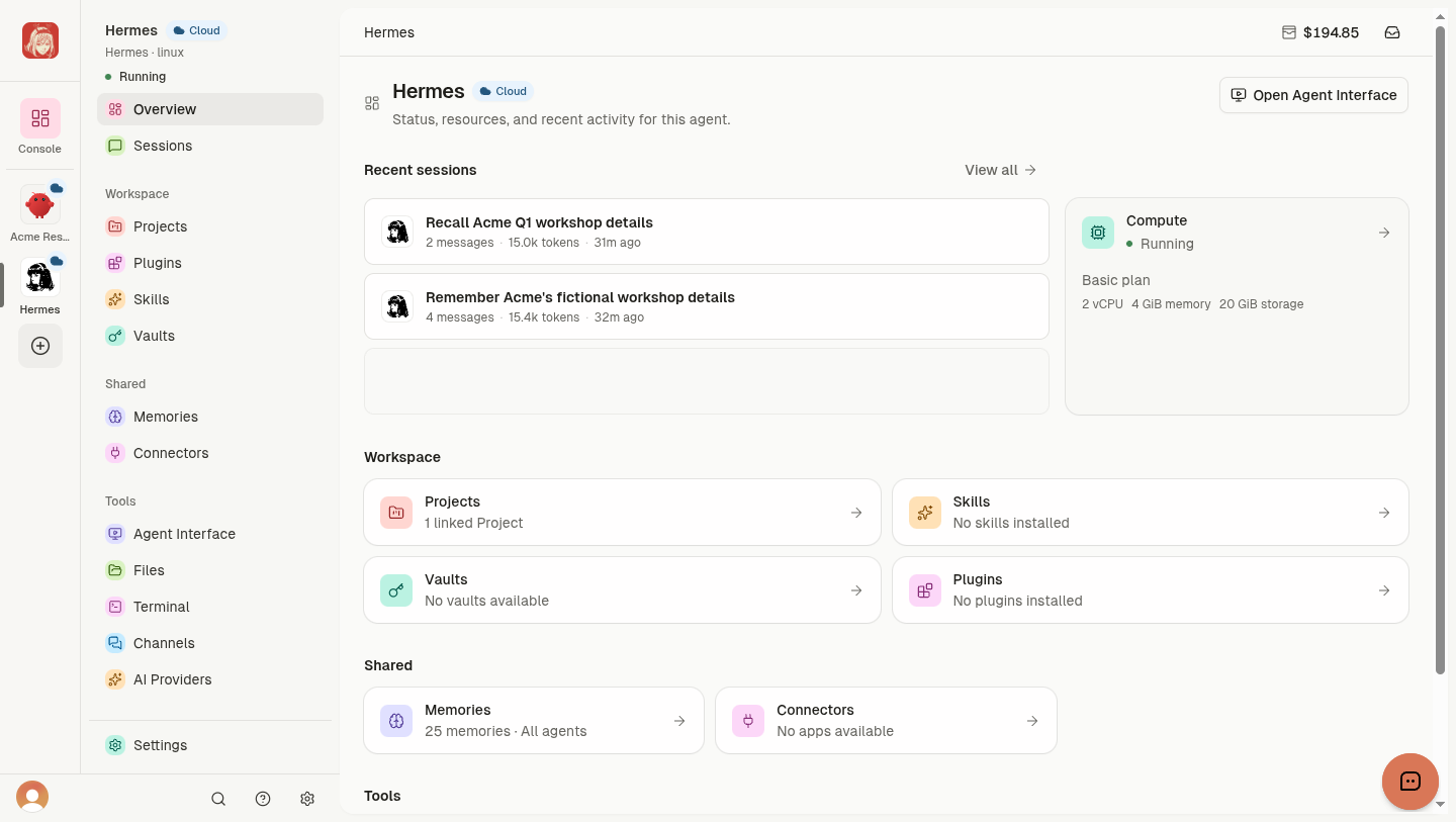 A running Hermes Cloud Agent with one linked Project, recent Sessions, and 25 synthetic Memories
