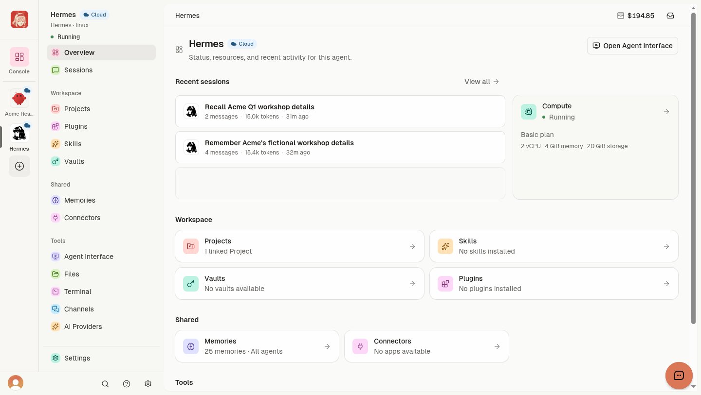 A running Hermes Cloud Agent with one linked Project, recent Sessions, and 25 synthetic Memories