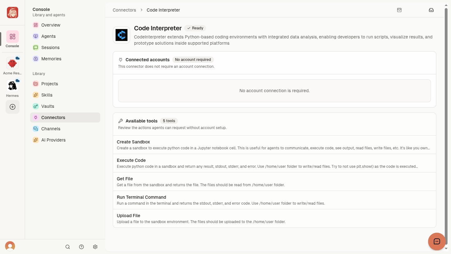 Code Interpreter ready with five tools and no account connection required