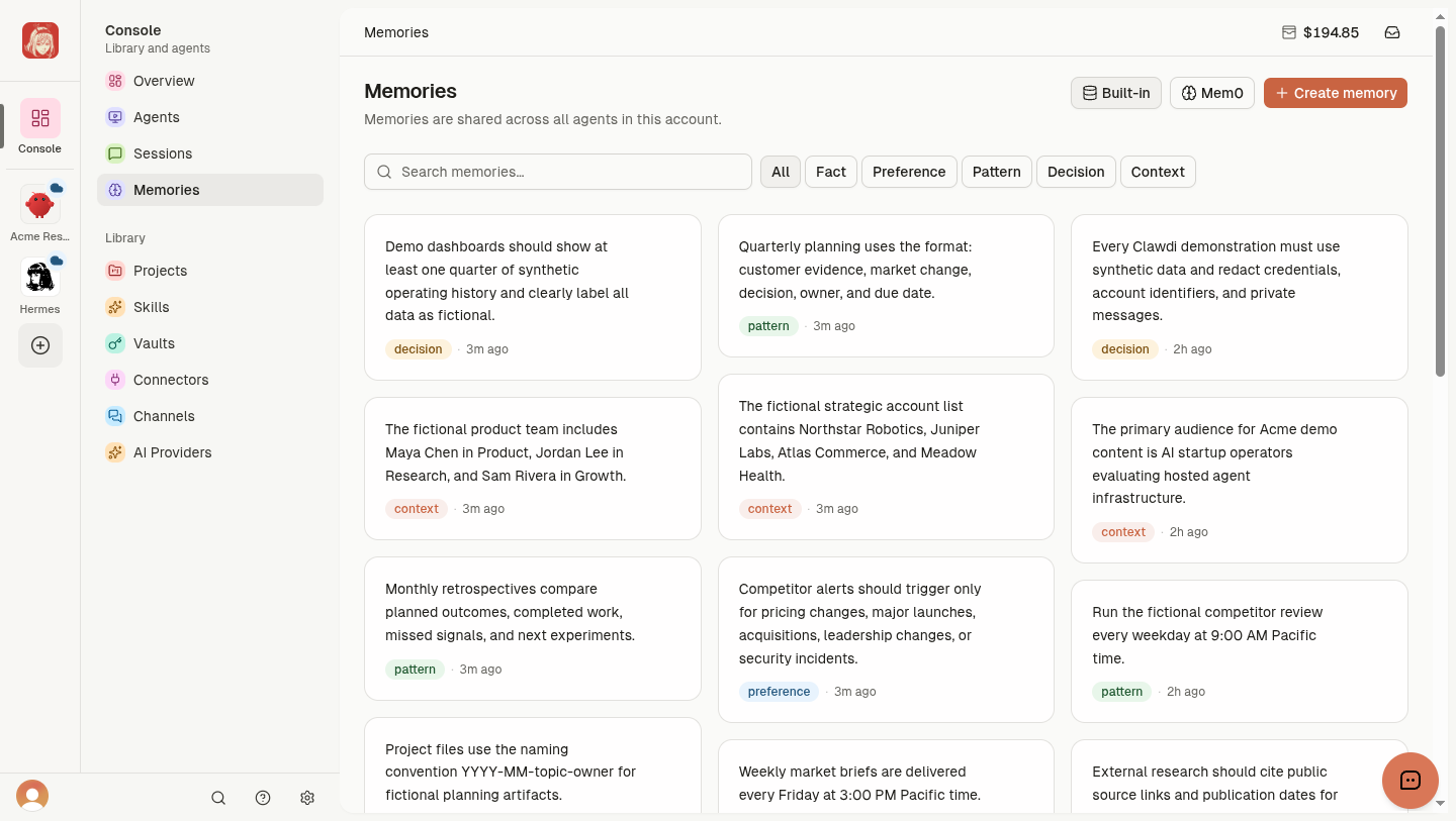 Synthetic Memories organized by facts, preferences, patterns, decisions, and context