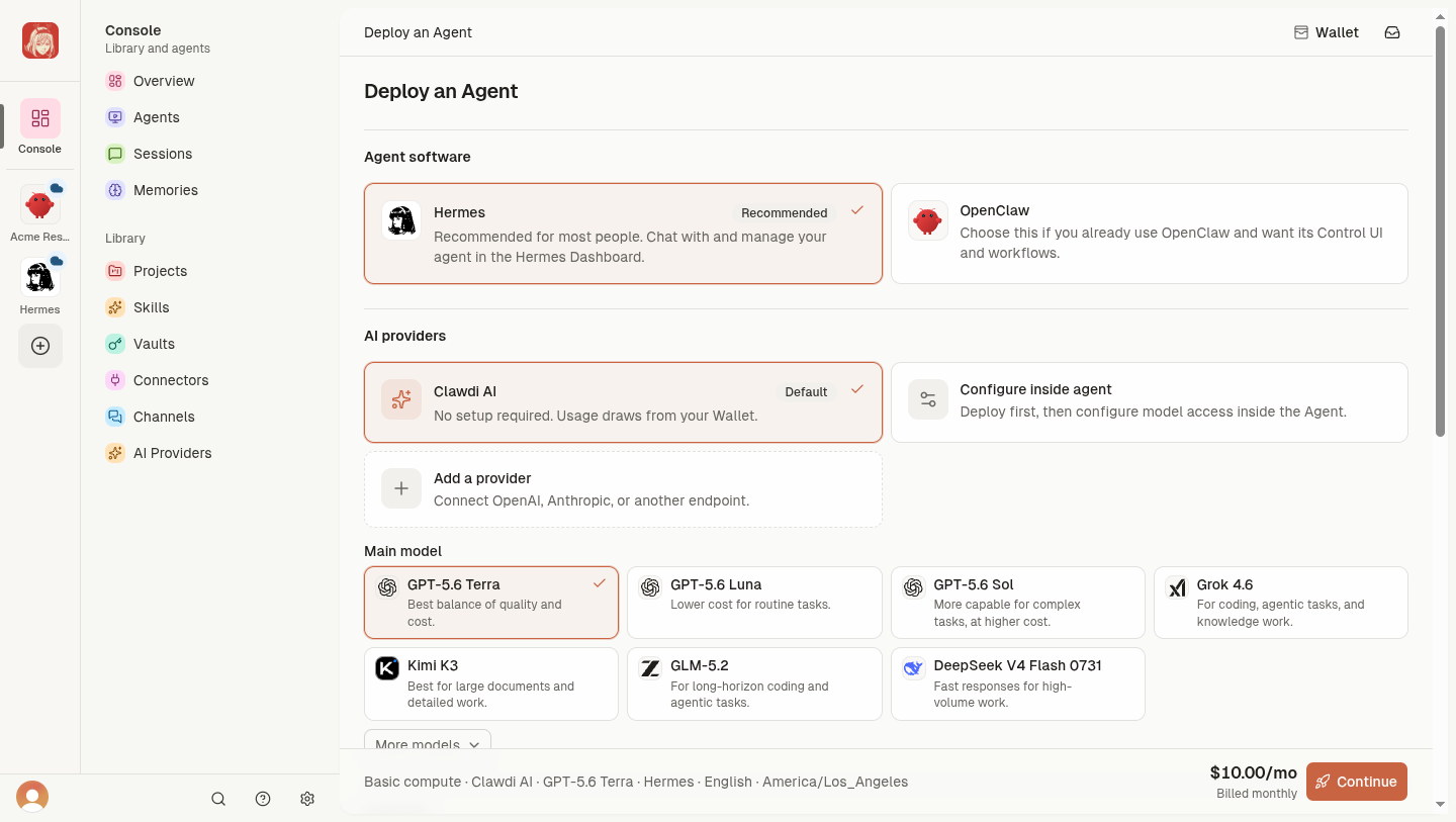 Deploy an Agent wizard with Hermes, Clawdi AI, and GPT-5.6 Terra selected