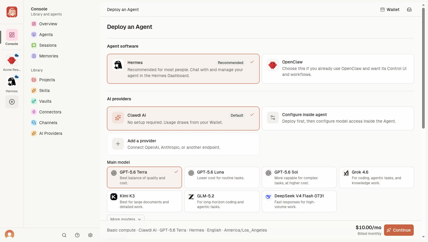 Deploy an Agent wizard with Hermes, Clawdi AI, and GPT-5.6 Terra selected