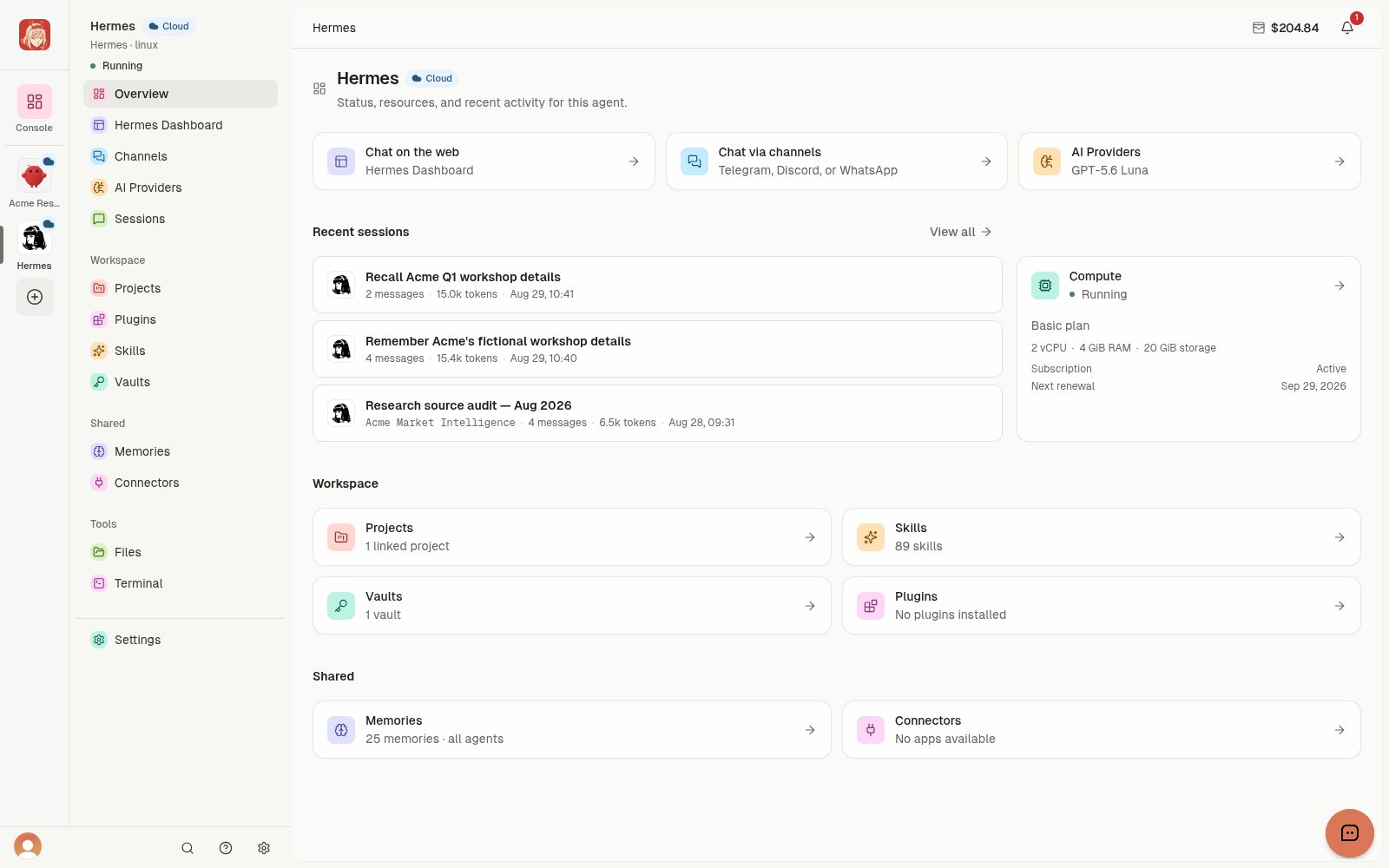 Cloud Agent overview with recent Sessions, runtime status, and linked resources.