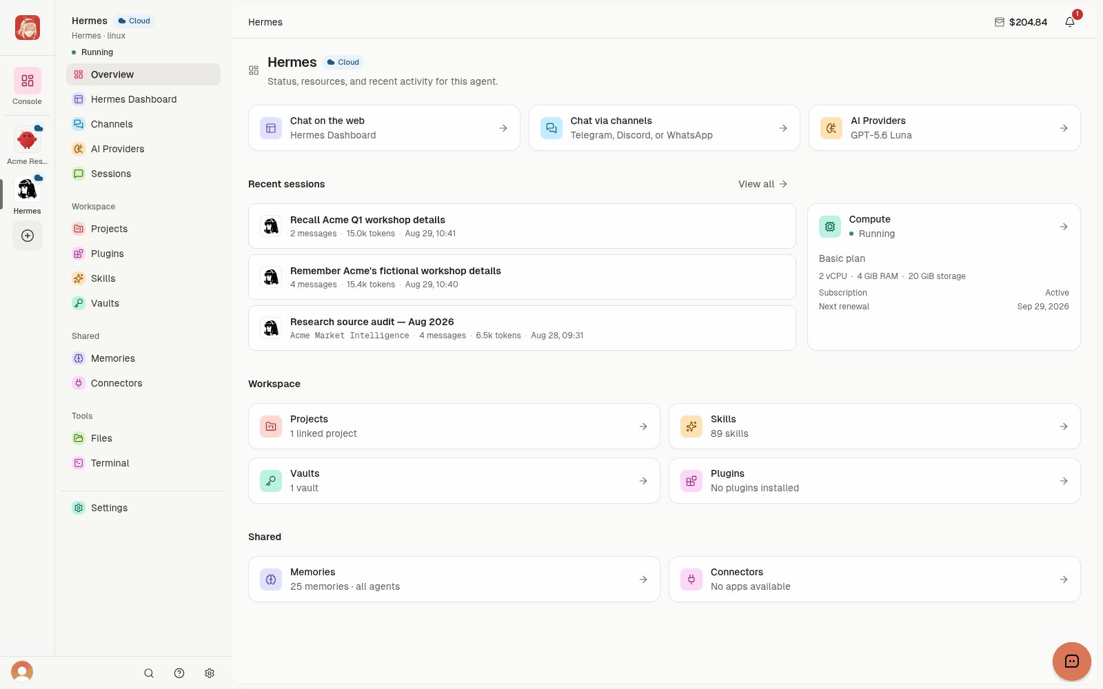 Cloud Agent overview with recent Sessions, runtime status, and linked resources.