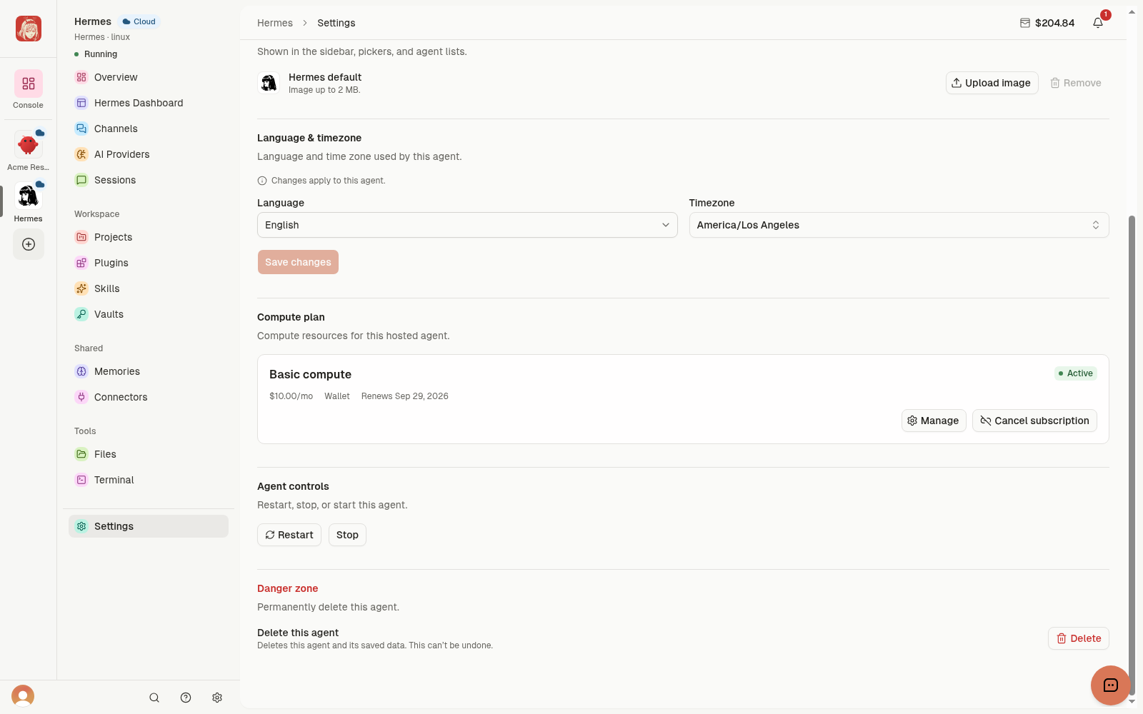 Cloud Agent Settings with Language and timezone, Compute plan, Restart, Stop, and deletion controls.