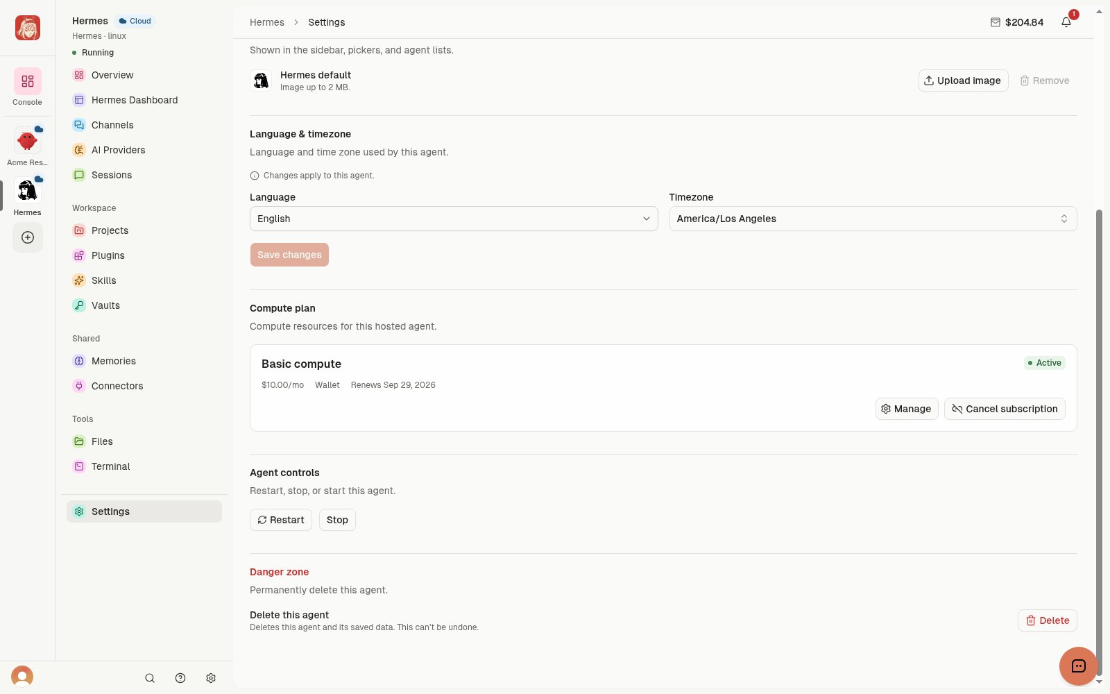 Cloud Agent Settings with Language and timezone, Compute plan, Restart, Stop, and deletion controls.