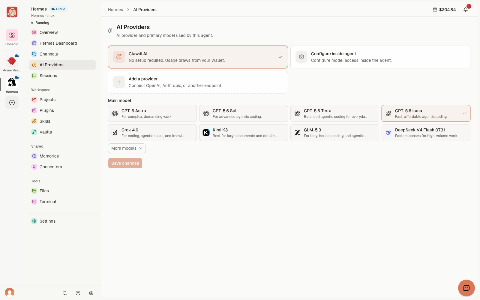 Agent AI Providers with Clawdi AI, Configure inside agent, Add a provider, and model choices.