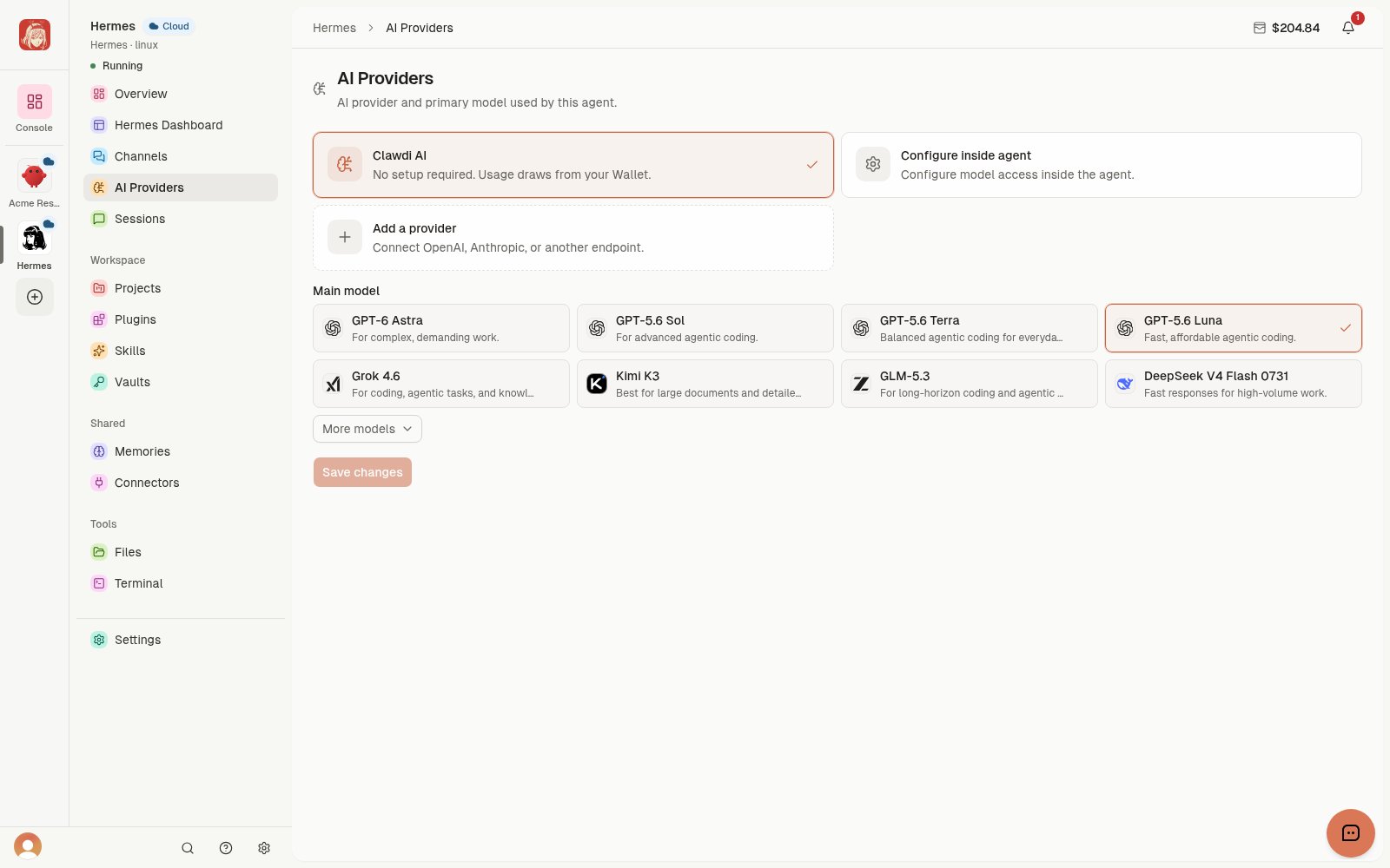 Cloud Agent AI Providers with Clawdi AI, Configure inside agent, and Add a provider.
