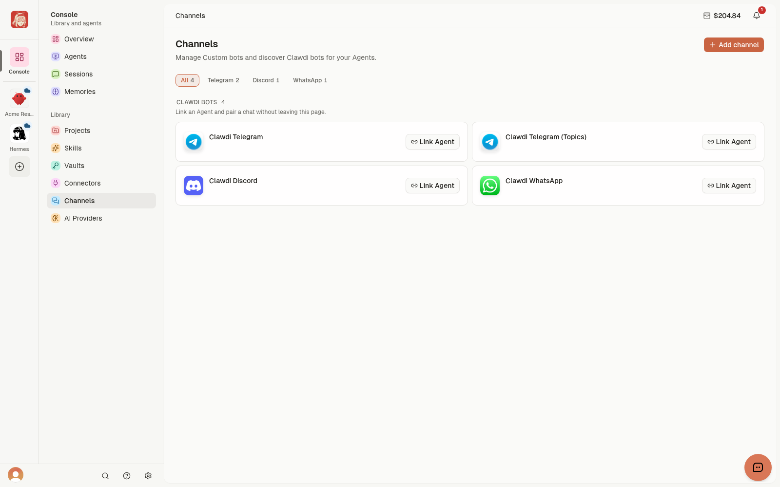Channels catalog with Clawdi Telegram, Telegram Topics, Discord, and WhatsApp Link Agent actions.