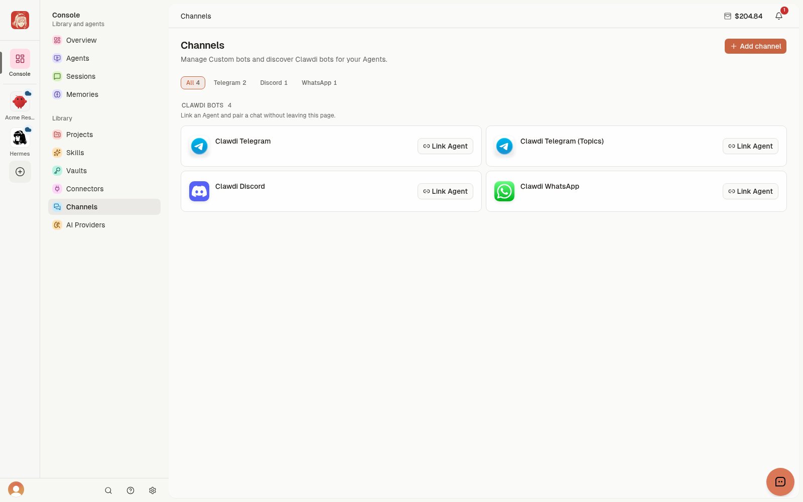 Channels catalog with Clawdi Telegram, Telegram Topics, Discord, and WhatsApp Link Agent actions.