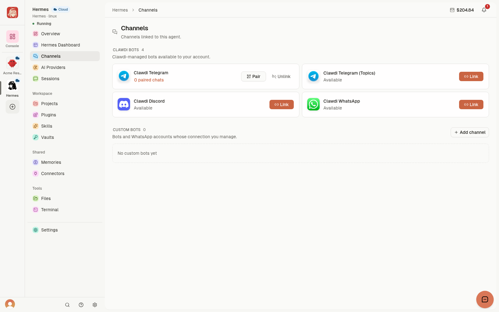 Agent Channels with Clawdi Telegram linked, zero paired chats, and Pair and Unlink actions.