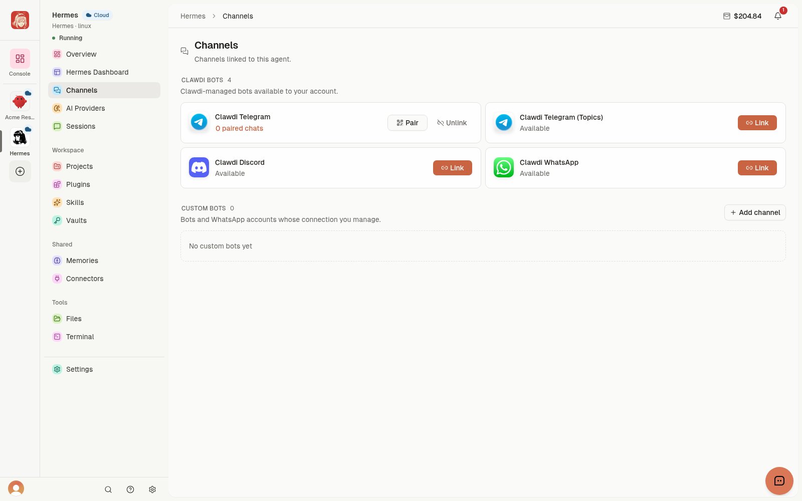 Agent Channels with Clawdi Telegram linked, zero paired chats, and Pair and Unlink actions.
