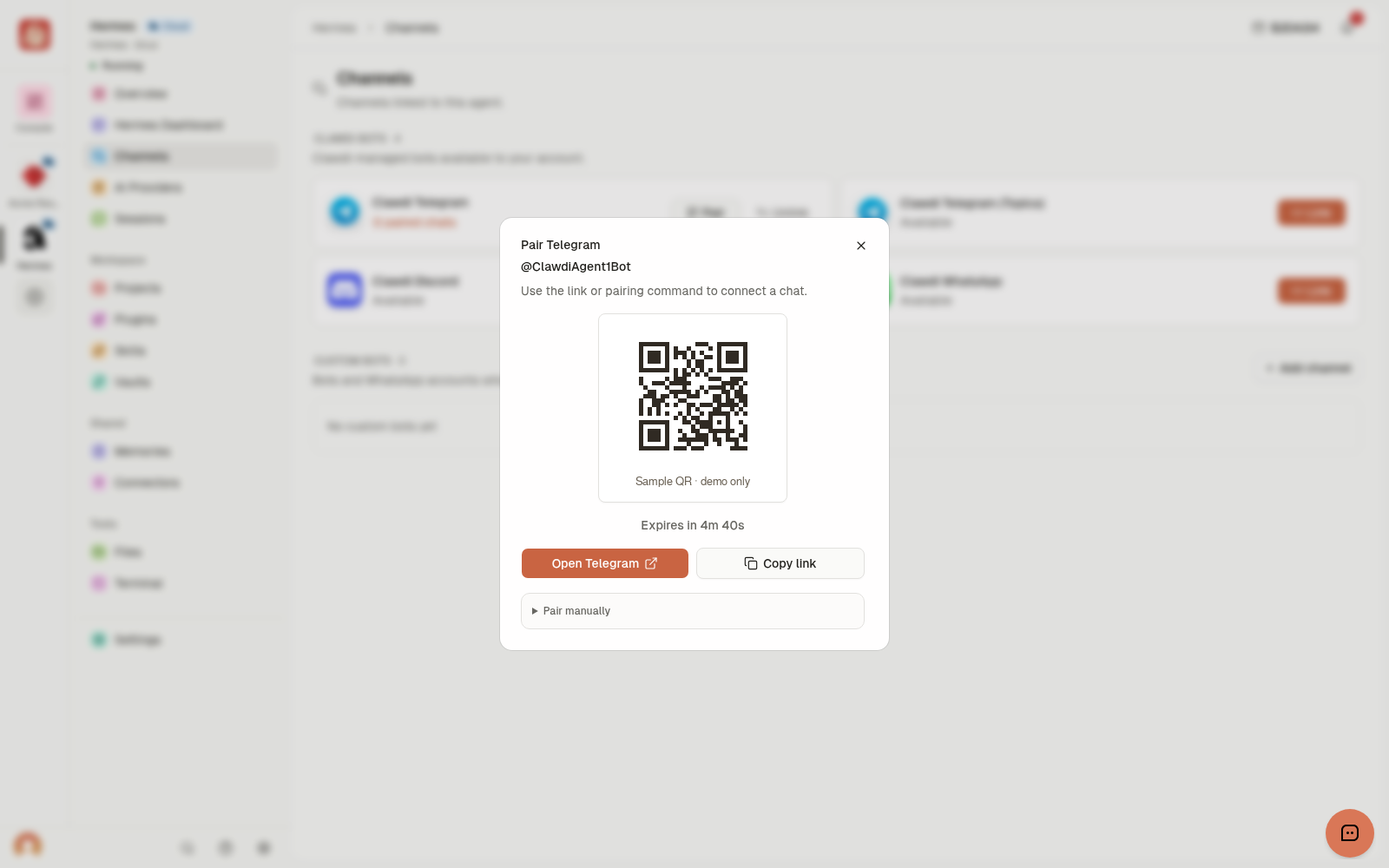 Sample Pair Telegram dialog with a nonfunctional demonstration QR code.