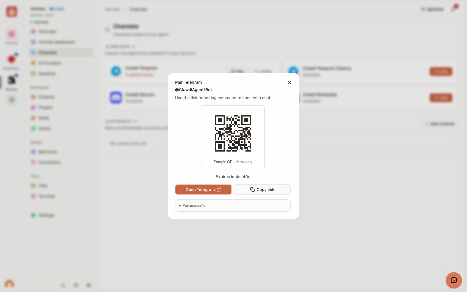 Sample Pair Telegram dialog with a nonfunctional demonstration QR code.