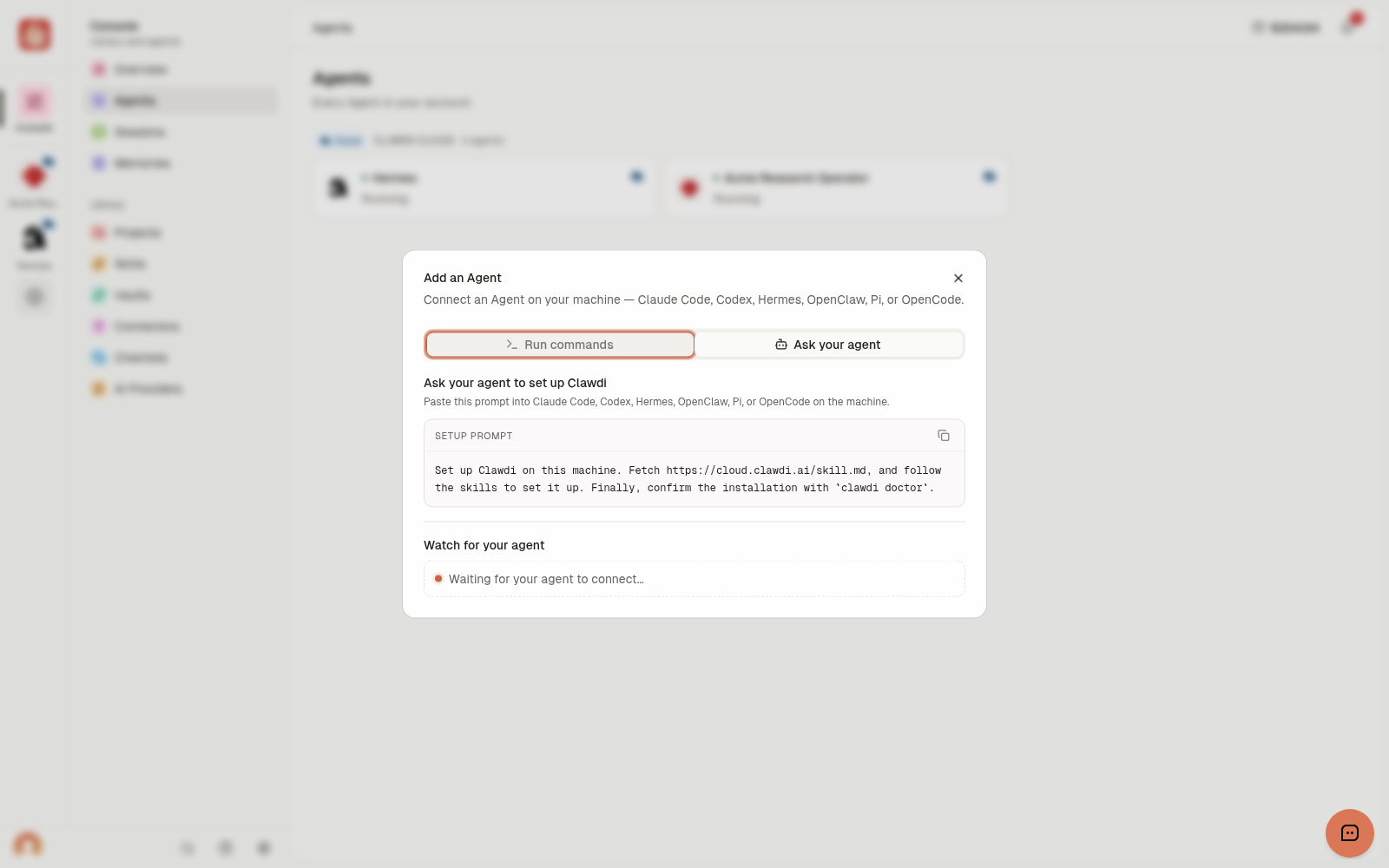 Ask your agent setup tab with a copyable prompt and waiting-for-connection state.